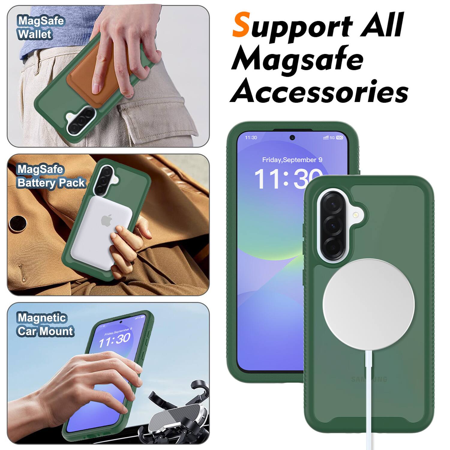 MagSafe Wallet  
MagSafe Battery Pack  
Magnetic Car Mount  

Support All MagSafe Accessories  

11:30  
Friday, September 9  
11:30