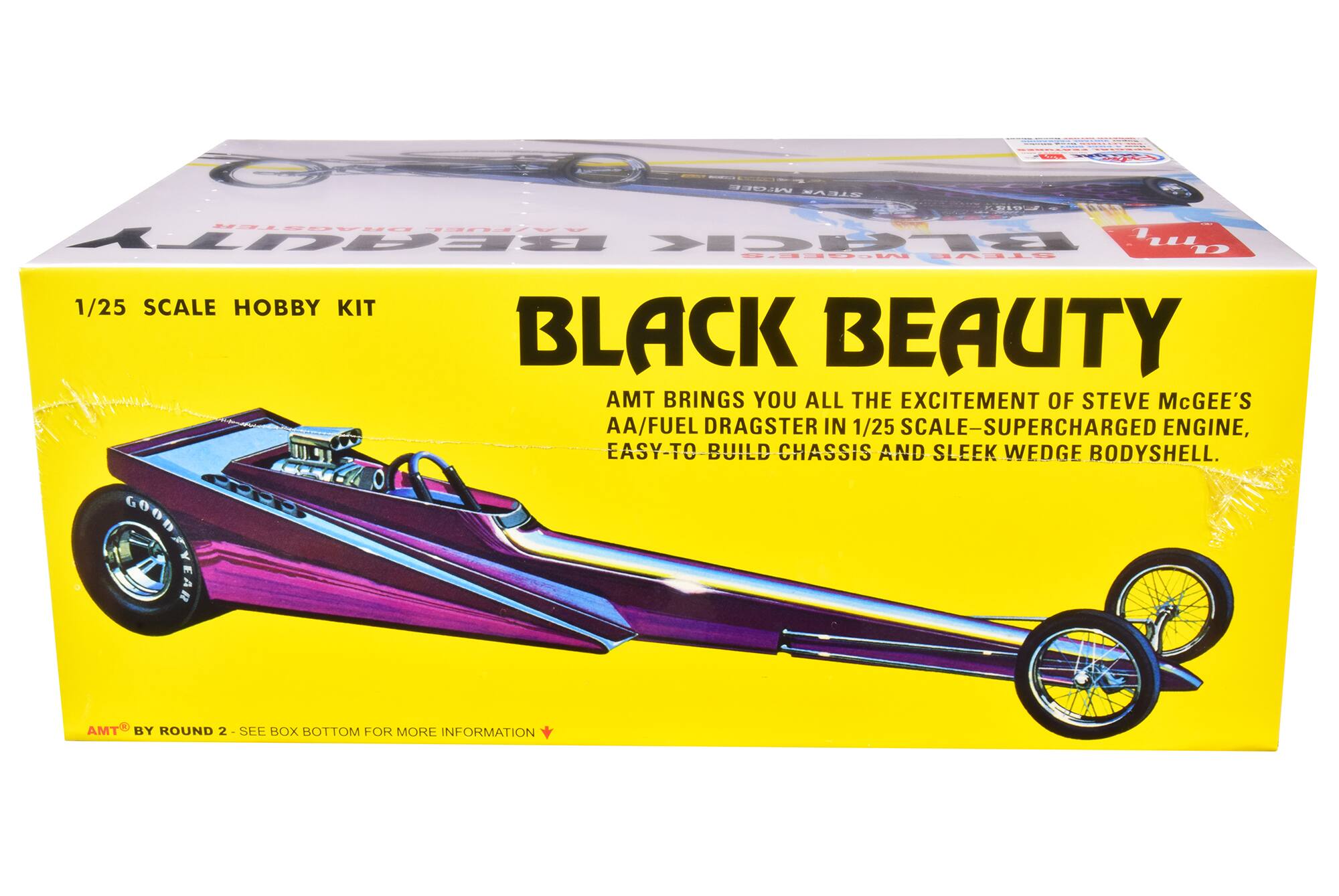I | STE MIGEE TEVA  DRAGSTER AAFUEE BEAUTY BLACK huu LI D MOGEEIE STEVE 1/25 SCALE HOBBY KIT BLACK BEAUTY AMT BRINGS YOU ALL THE EXCITEMENT OF STEVE McGEE'S AA/FUEL DRAGSTER IN 1/25 SCALE-SUPERCHARGED ENGINE, EASY-TO-BUILD CHASSIS AND SLEEK WEDGE BODYSHELL. GOOD COONENEAN YEAR AMT BY ROUND 2 -SEE BOX BOTTOM FOR MORE INFORMATION