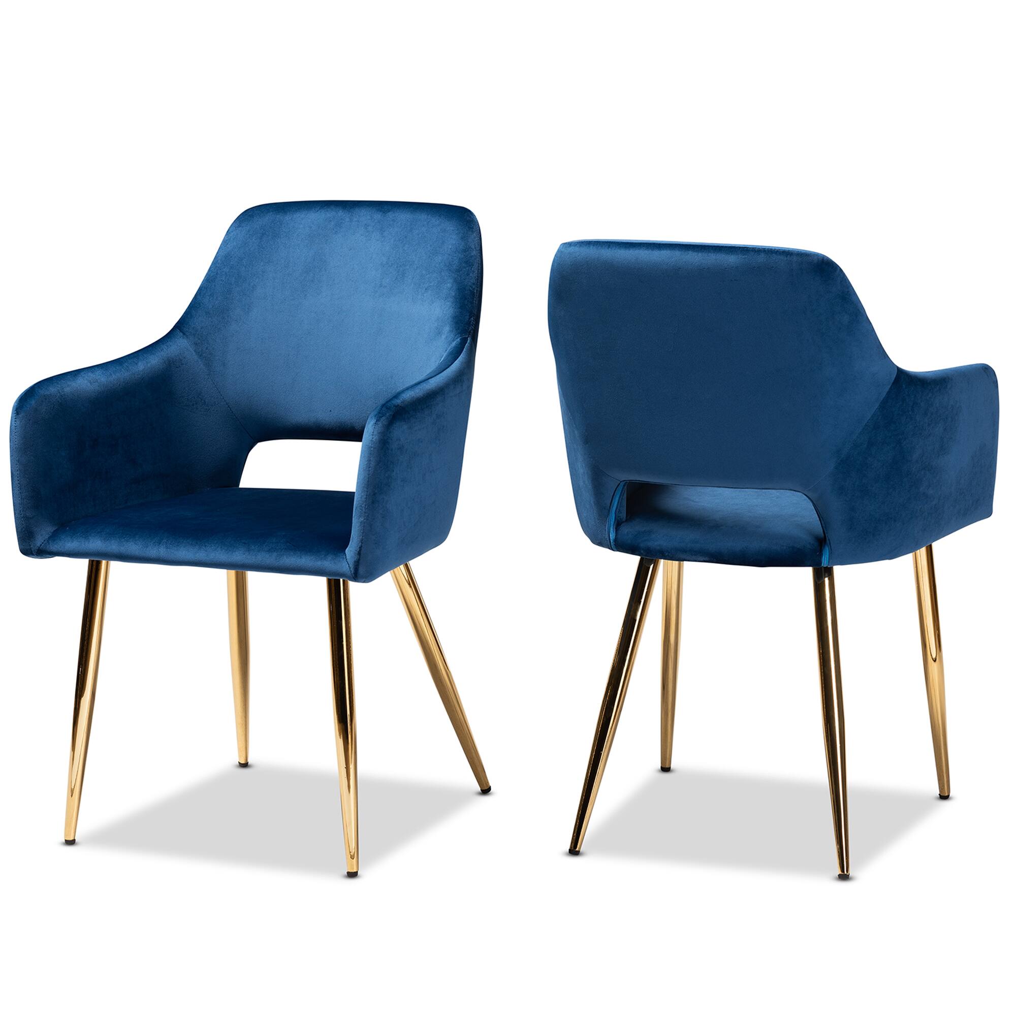 Baxton Studio - Germaine Glam and Luxe Velvet Fabric Upholstered Gold Finished 2-Piece Metal Dining Chair Set - Navy Blue/Gold