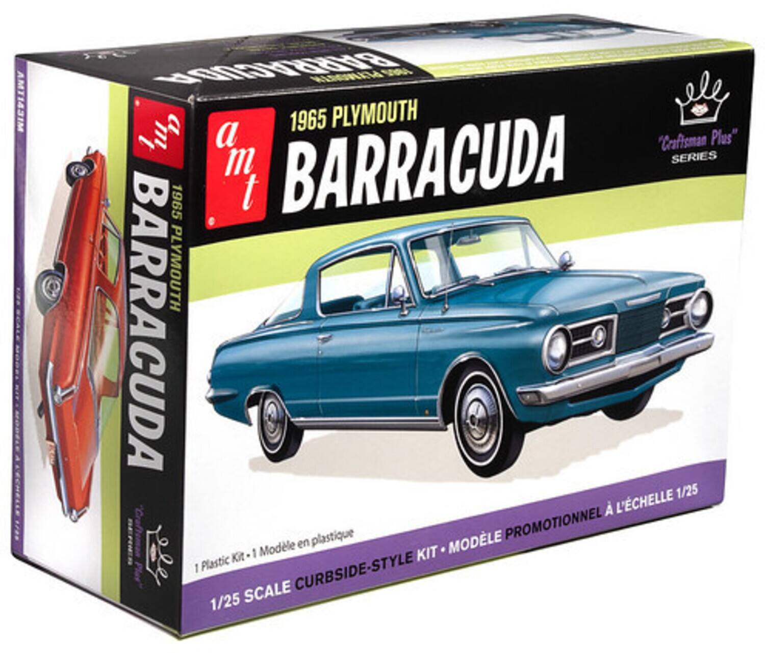AMT1431M BARRACUDA KLGA 1965 PLYMOUTH  
a m t BARRACUDA "Craftsman SERIES Plus" 1965  
1/25 SCALE  
L'CHELLE plastique MODLE PROMOTIONNEL Modle en Kit 1 KIT 1 Plastic CURBSIDE-STYLE  
1/25 SCALE