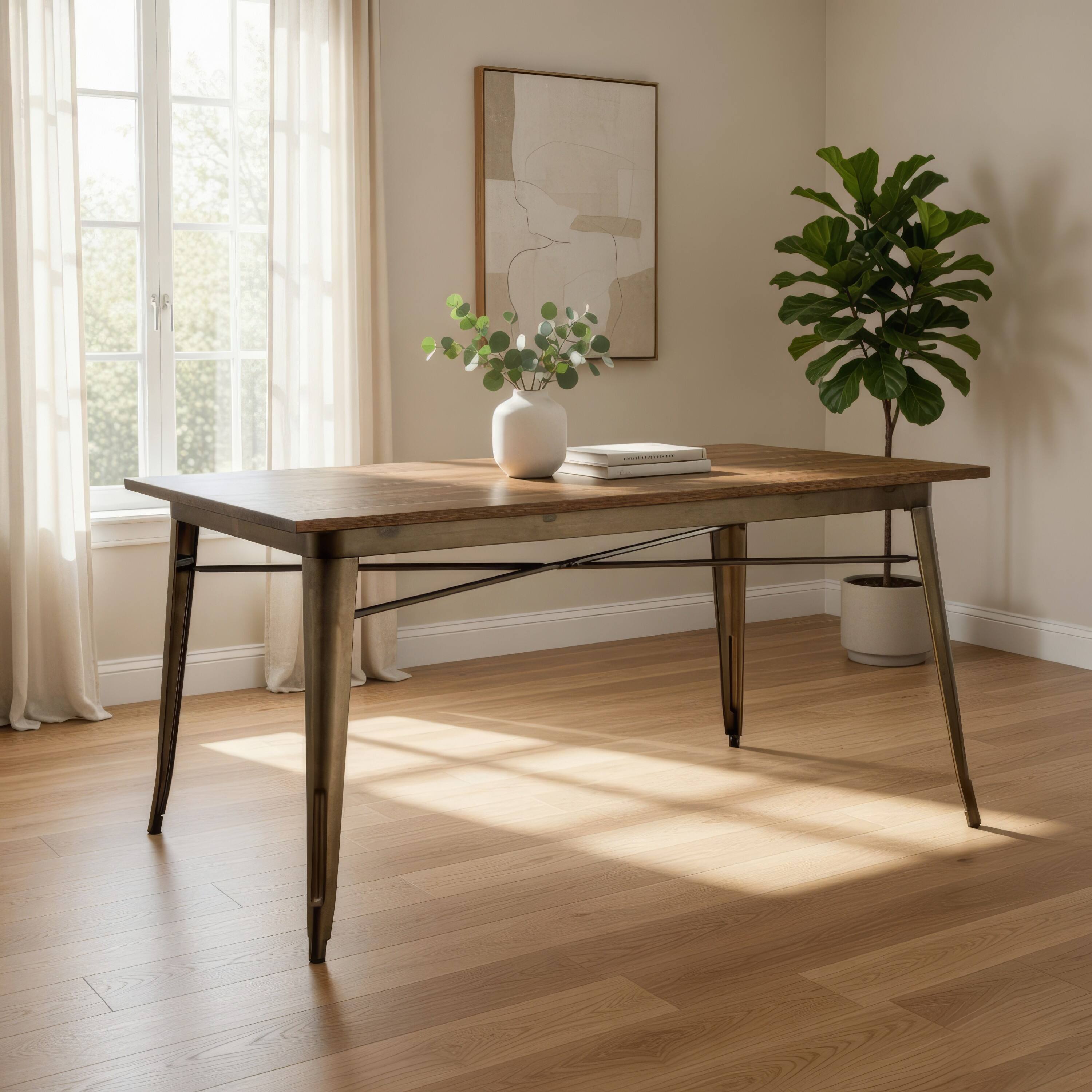 Alt View 7. Manhattan Lane - Rectangular Top Dining Table with Sculpted Metal Legs, Bronze and Brown - Bronze, Brown.