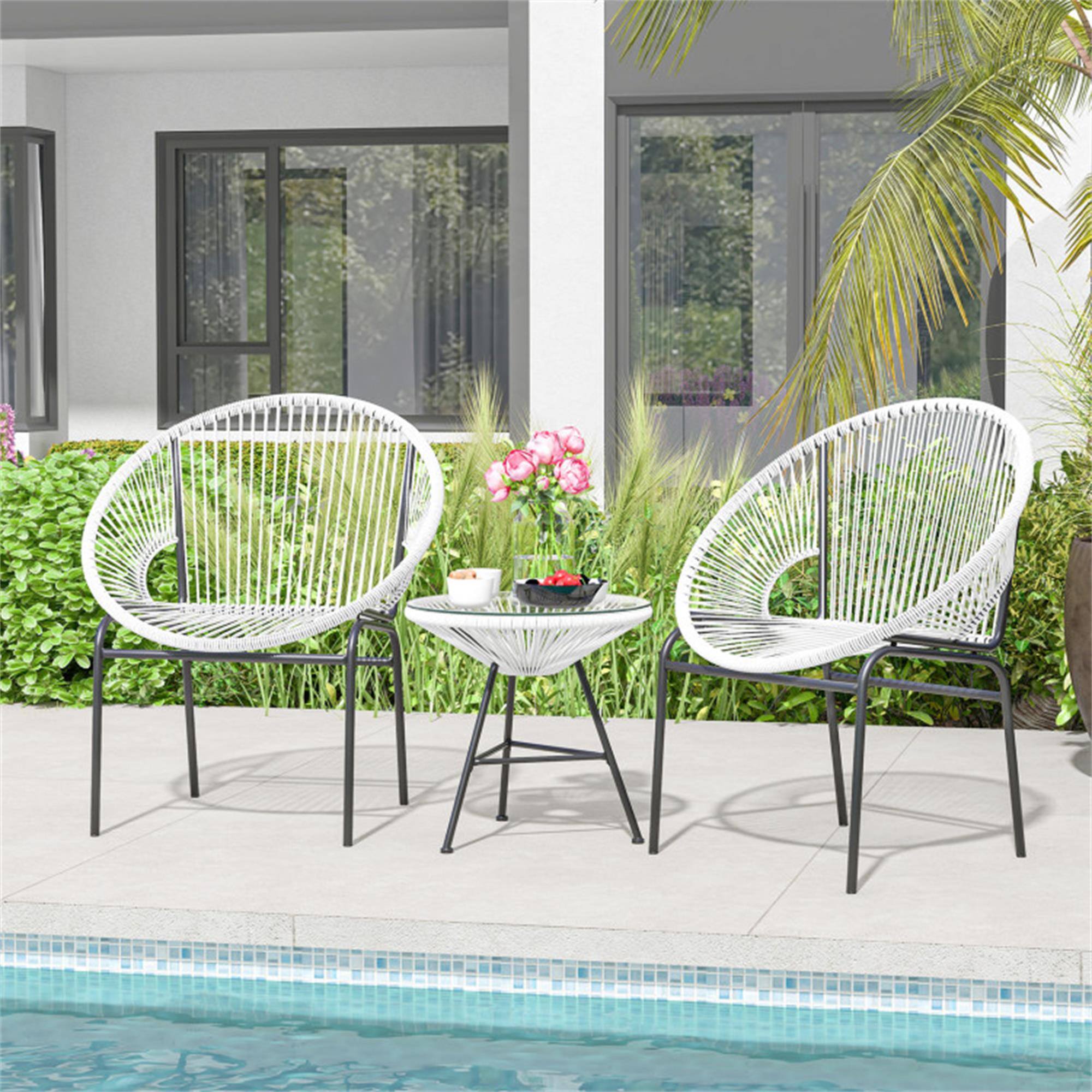 Alt View 3. Boyel Living - White 3 Pieces Patio Acapulco Furniture Bistro Set with Glass Table 32.5-in L x 28.5-in W x 26.0-in H - White.