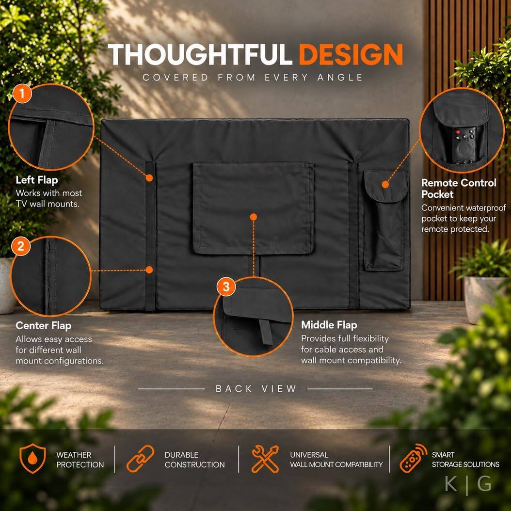 1. THOUGHTFUL DESIGN COVERED FROM EVERY ANGLE
2. Left Flap Works with most TV wall mounts.
3. Remote Control Pocket Convenient waterproof pocket to keep your remote protected.
4. Center Flap Allows easy access for different wall mount configurations.
5. Middle Flap Provides full flexibility for cable access and wall mount compatibility.
6. BACK VIEW
7. WEATHER PROTECTION
8. DURABLE CONSTRUCTION
9. UNIVERSAL WALL MOUNT COMPATIBILITY
10. SMART STORAGE SOLUTIONS