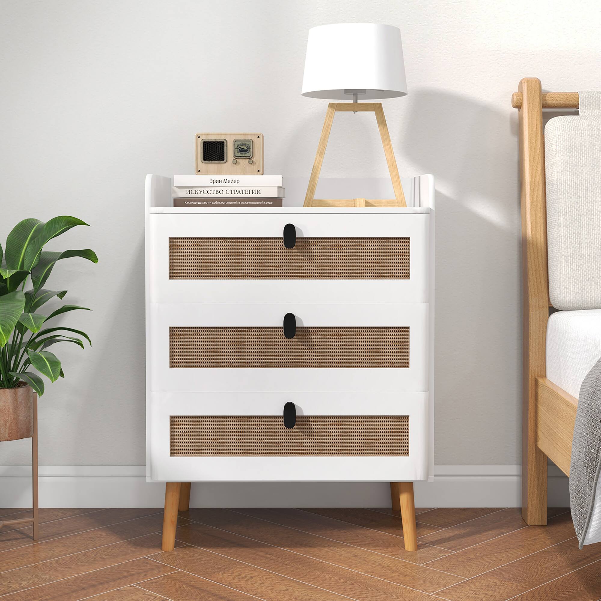 Alt View 3. Gymax - Gymax Modern Nightstand End Bedside Table w/ 3 Rattan Drawers & Solid Wood Legs White - White, Natural.