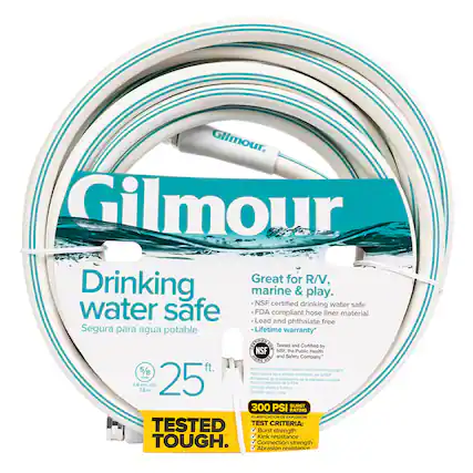 Gilmour
Great for R/V, marine & play.
NSF certified drinking water safe
FDA compliant hose liner material
Lead and phthalate free
Lifetime warranty*
Segura para agua potable
Adecuado para recreativos, náuticos y juegos
Certificado por NSF
Material de revestimiento cumple con RO
Libre de plomo
Garantía de vida
25 ft.
5/8 in. dia.
1.6 cm dia.
7.6 m
300 PSI BURST RATING
CLASIFICACIÓN DE EXPLOSIÓN
TESTED TOUGH.
TEST CRITERIA:
- Burst strength
- Kink resistance
- Abrasion resistance
- Connection strength
*Tested and Certified by NSF, The Public Health and Safety Company