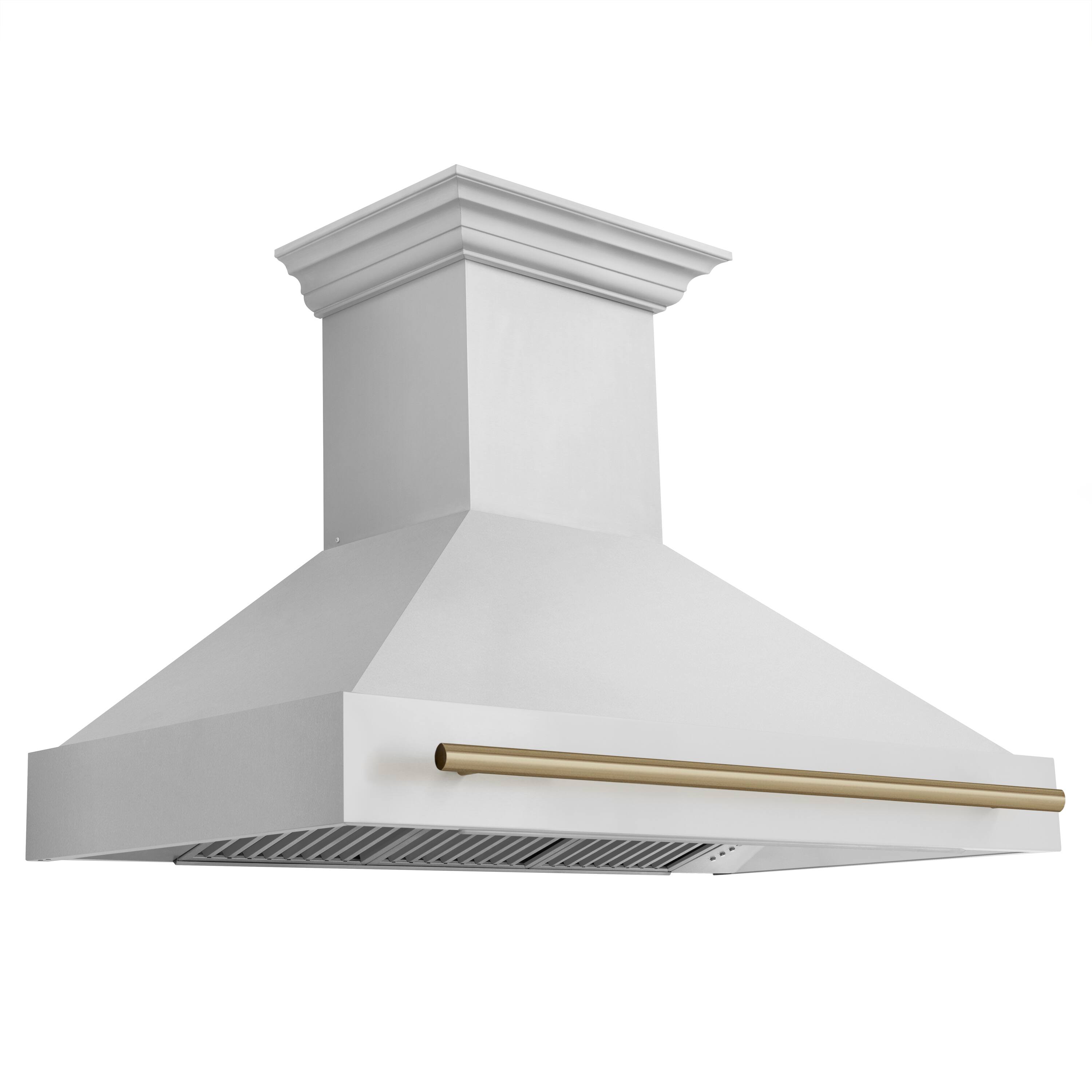 Left. ZLINE - ZLINE Autograph Edition 48 in. Stainless Steel Range Hood with Stainless Steel Shell and Champagne Bronze Handle - Stainless Steel.