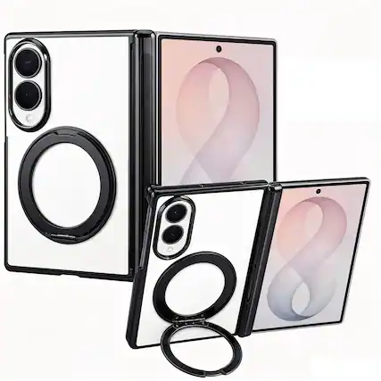 Front. Dteck - Electroplated Frame Case for Samsung Galaxy Z Fold8 with Kickstand, Magnetic Clear Rigid Plastic Hinge Protection Cover - Black.