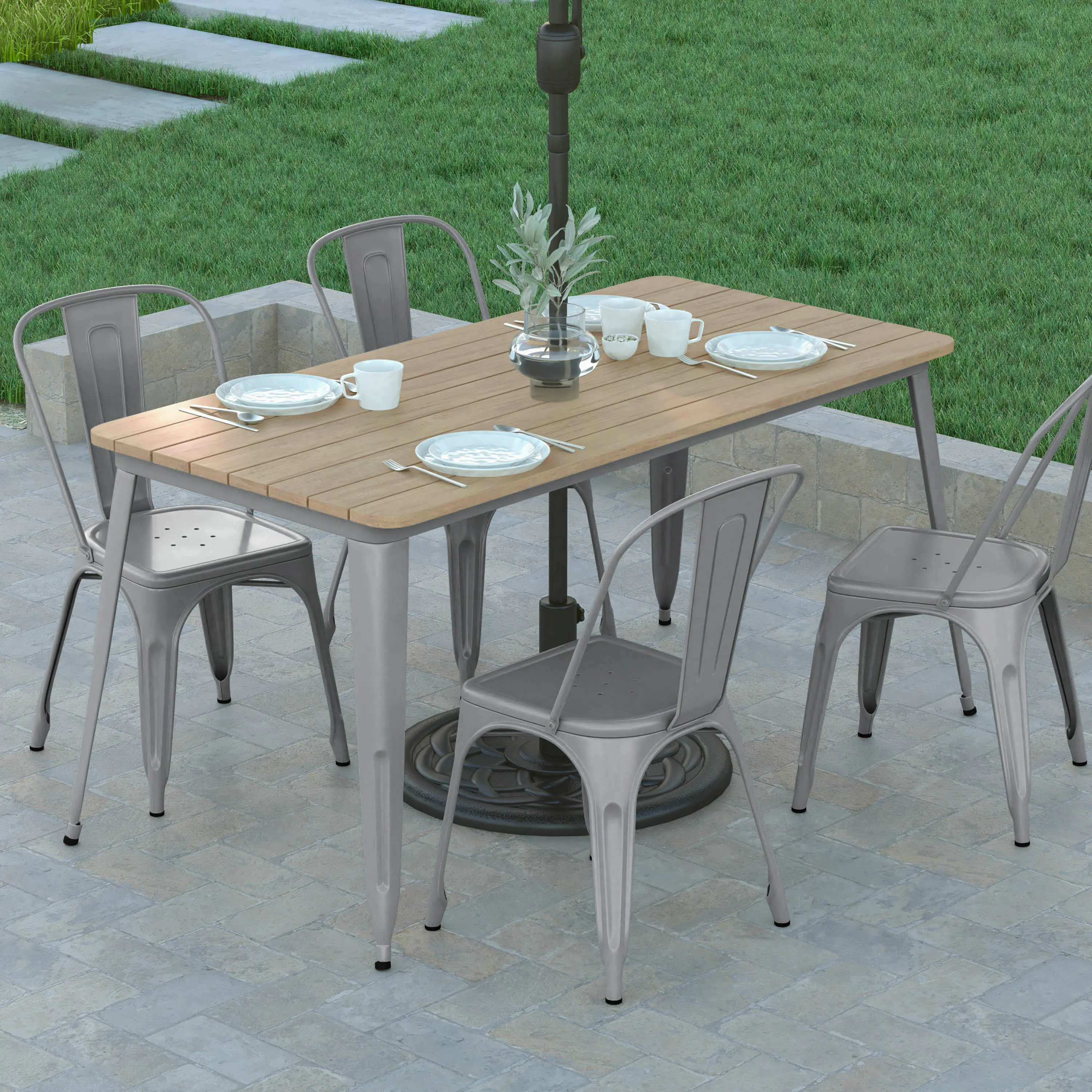 Alt View 3. Emma + Oliver - 30"x60" RECT Poly Resin Restaurant Table with Umbrella Hole - Brown Top/Silver Frame.