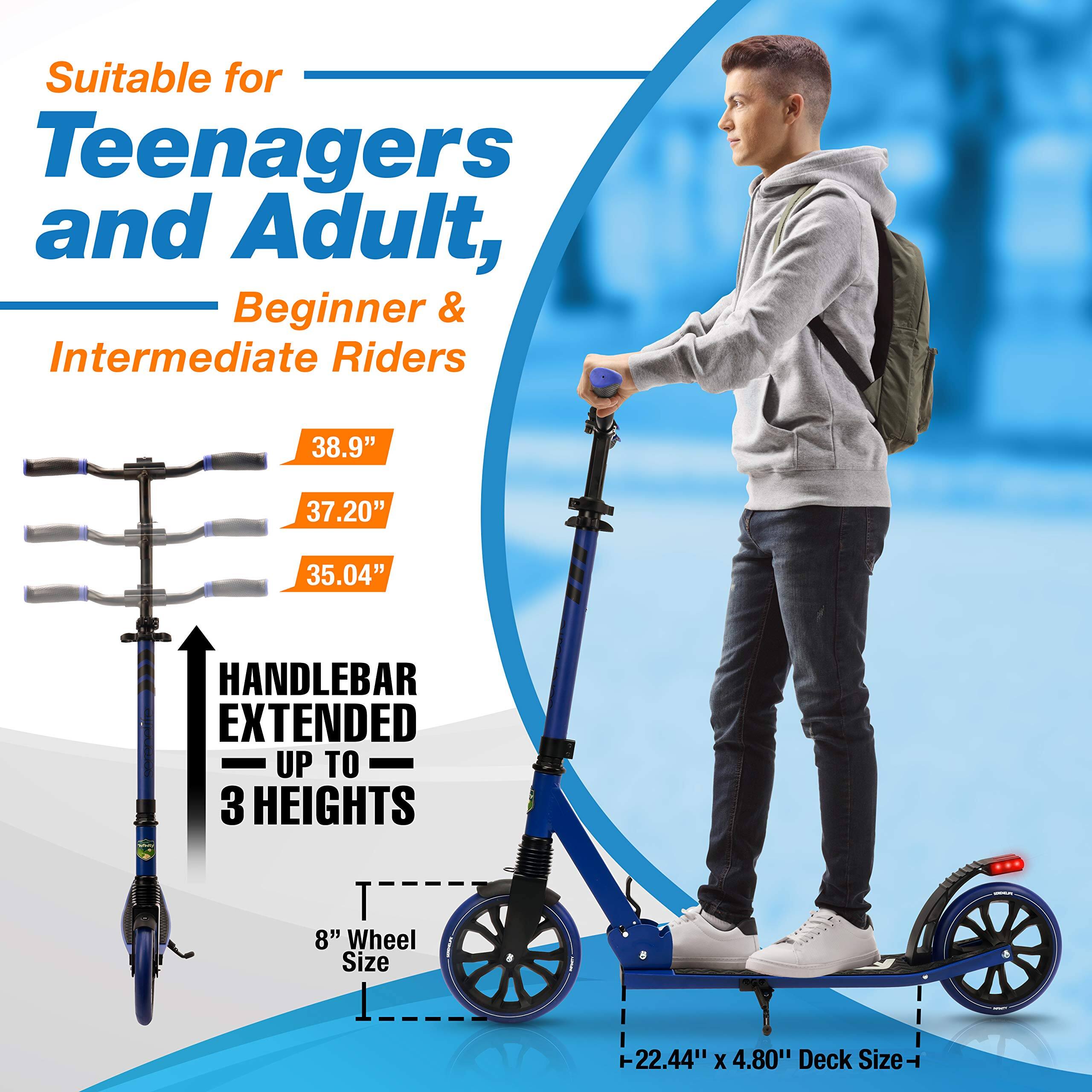 Suitable for Teenagers and Adult, Beginner & Intermediate Riders

38.9"  
37.20"  
35.04"  

HANDLEBAR EXTENDED UP TO 3 HEIGHTS  

8" Wheel Size  

22.44" x 4.80" Deck Size