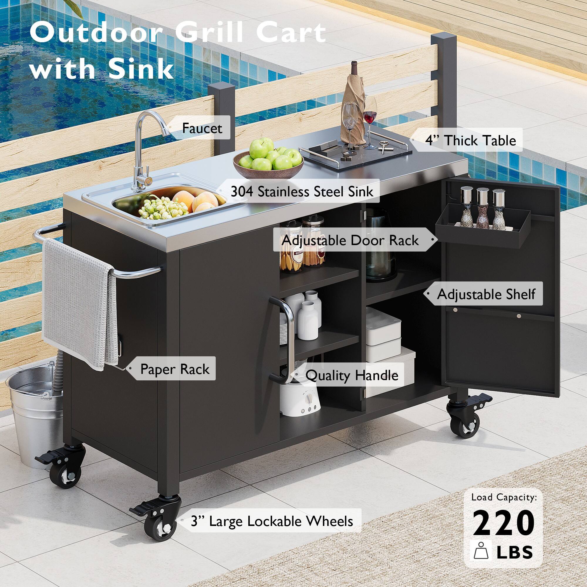 Outdoor Grill Cart with Sink

- Faucet
- 304 Stainless Steel Sink
- 4" Thick Table
- Adjustable Door Rack
- Adjustable Shelf
- Paper Rack
- Quality Handle
- 3" Large Lockable Wheels
- Load Capacity: 220 LBS