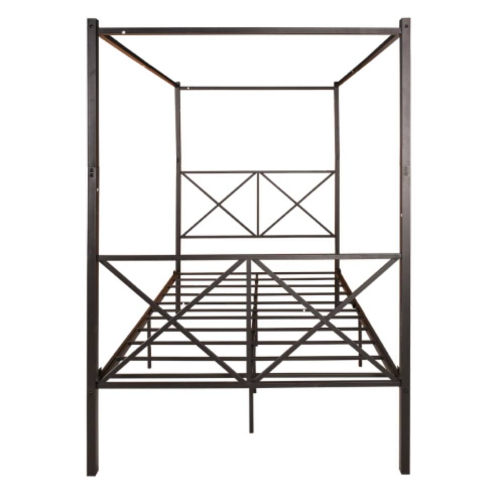 Back. LUCKY ONE - Full Size Metal Canopy Bed Frame with X-Shaped Frame, Platform Bed, Steel Slats, No Box Spring Needed, Under-Bed Storage - Black.