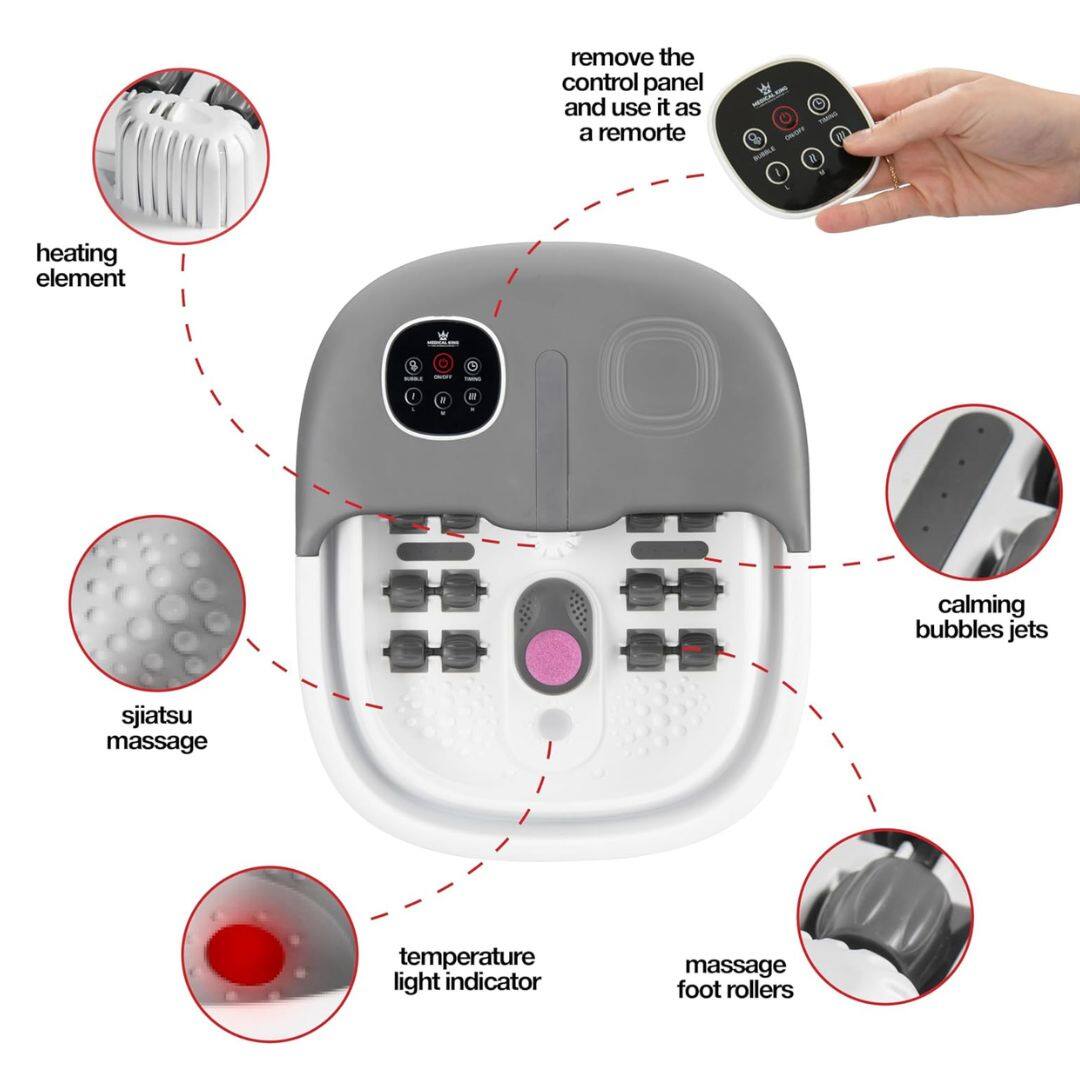 - Remove the control panel and use it as a remote
- Heating element
- Shiatsu massage
- Calming bubbles jets
- Temperature light indicator
- Massage foot rollers