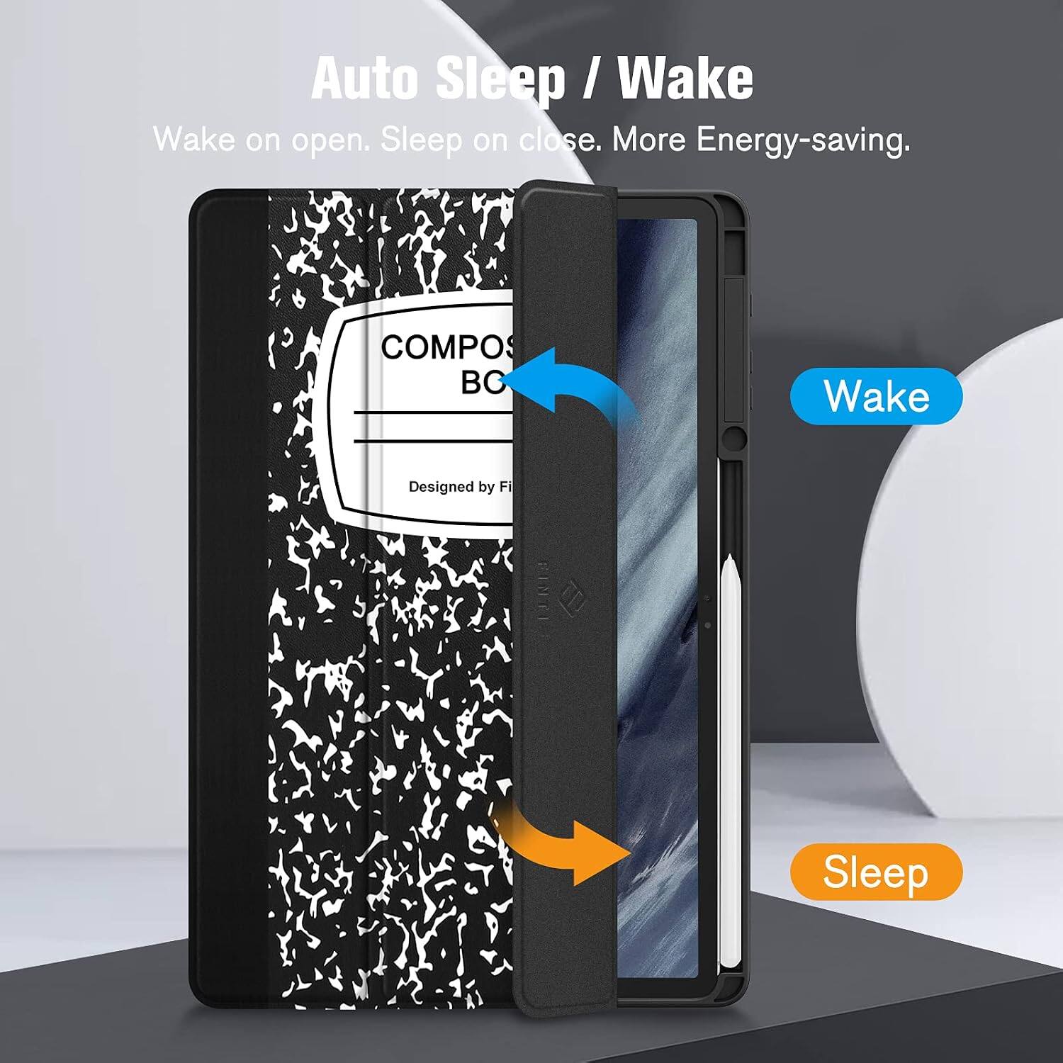 Auto Sleep / Wake  
Wake on open. Sleep on close. More Energy-saving.  

COMPOS  
BO  
Designed by Fi  
FINTI  

Wake  
Sleep
