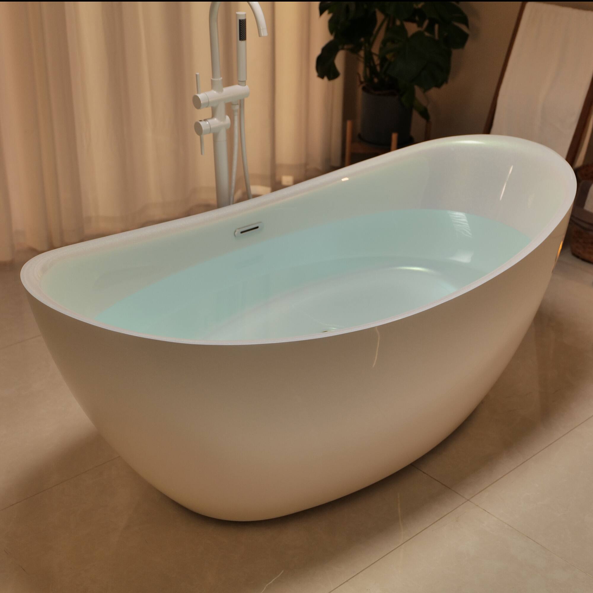 Back. Empava - Artistic Style 67 in. x 30.7 in. Acrylic Center Drain Freestanding Flat Bottom Bath Oval Soaking Bathtub in Pearl White - White.