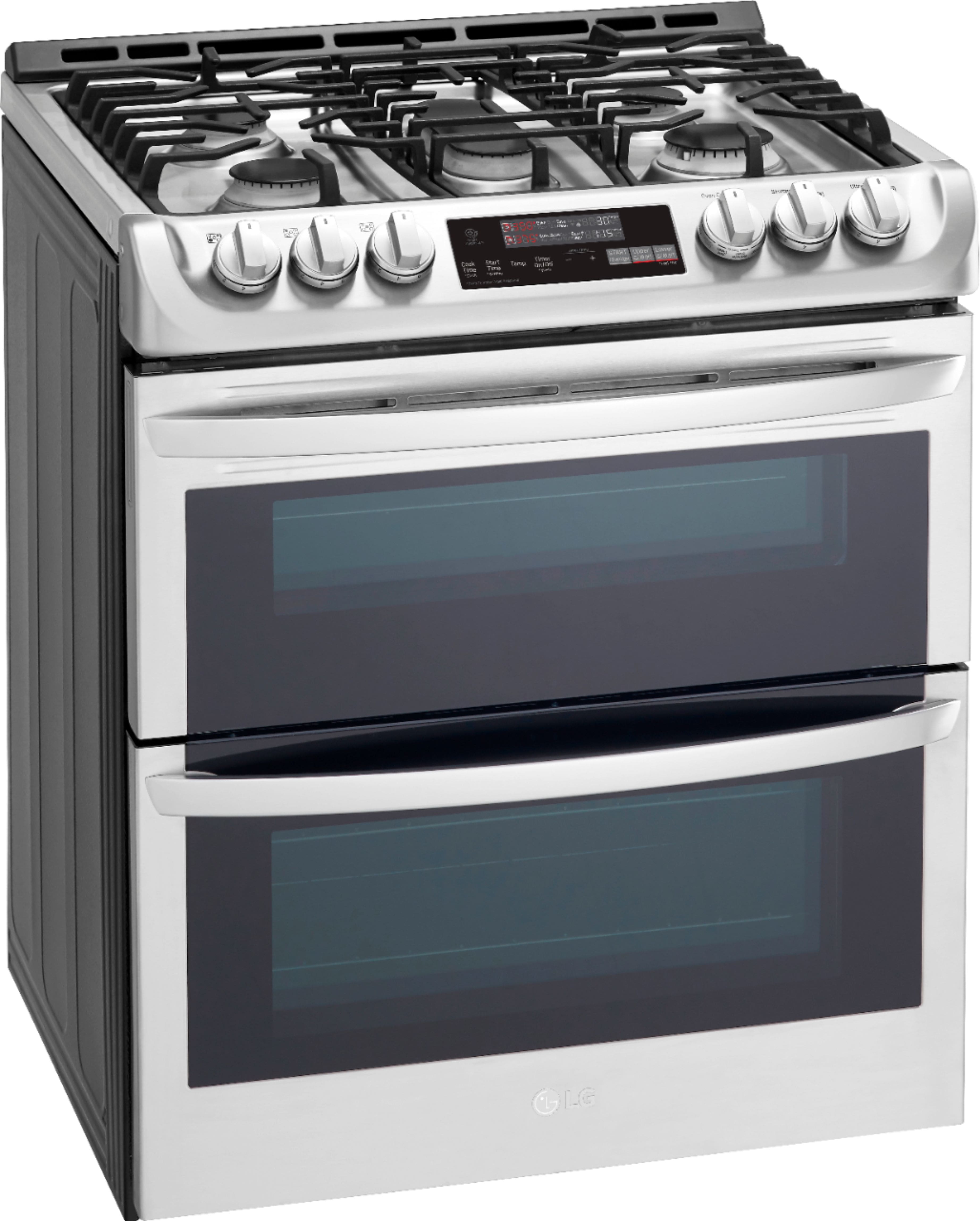 Angle. LG - 6.9 Cu. Ft. Slide-In Double Oven Gas True Convection Range with EasyClean and ThinQ Technology - Stainless Steel.
