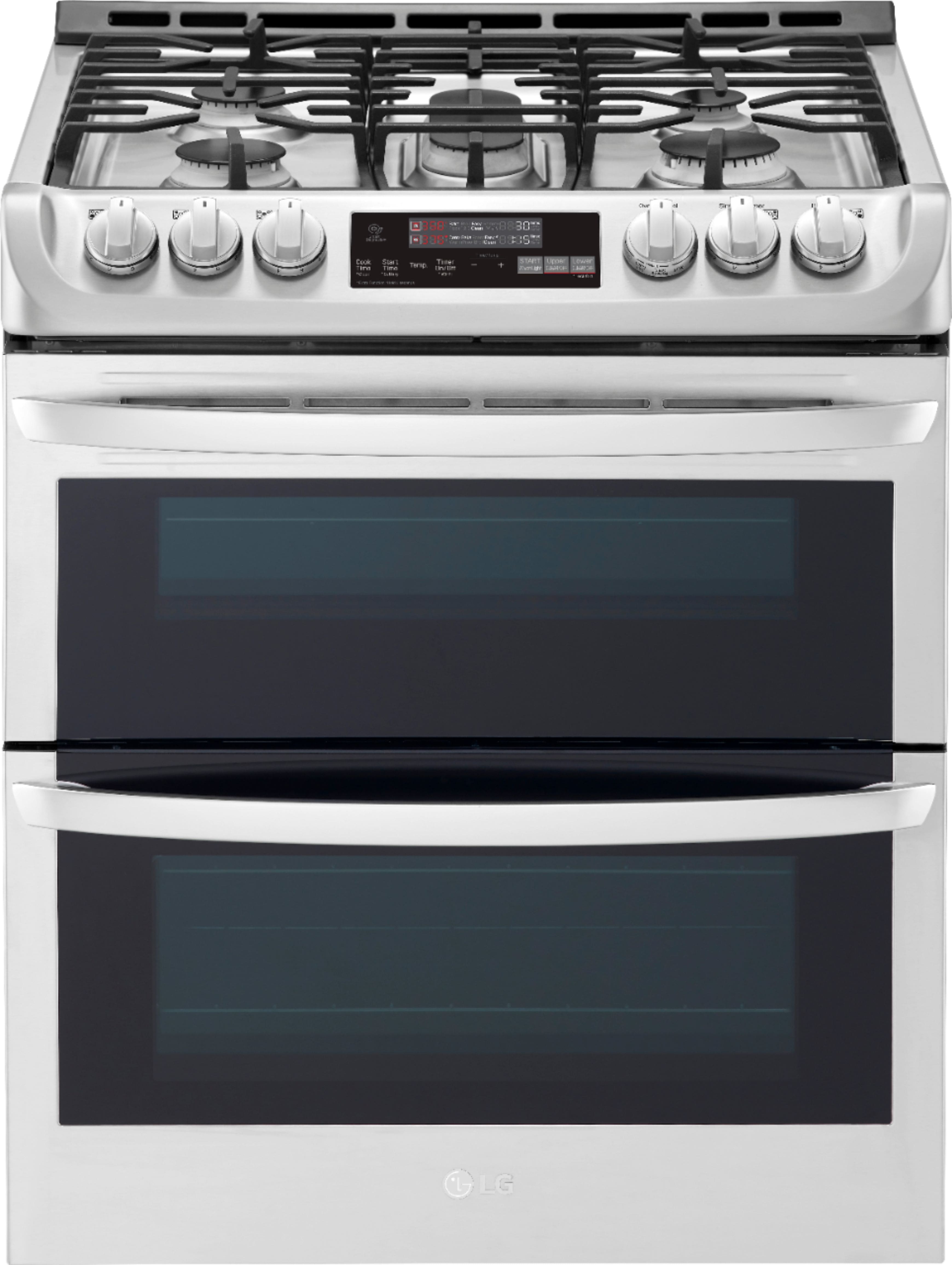 Front. LG - 6.9 Cu. Ft. Slide-In Double Oven Gas True Convection Range with EasyClean and ThinQ Technology - Stainless Steel.