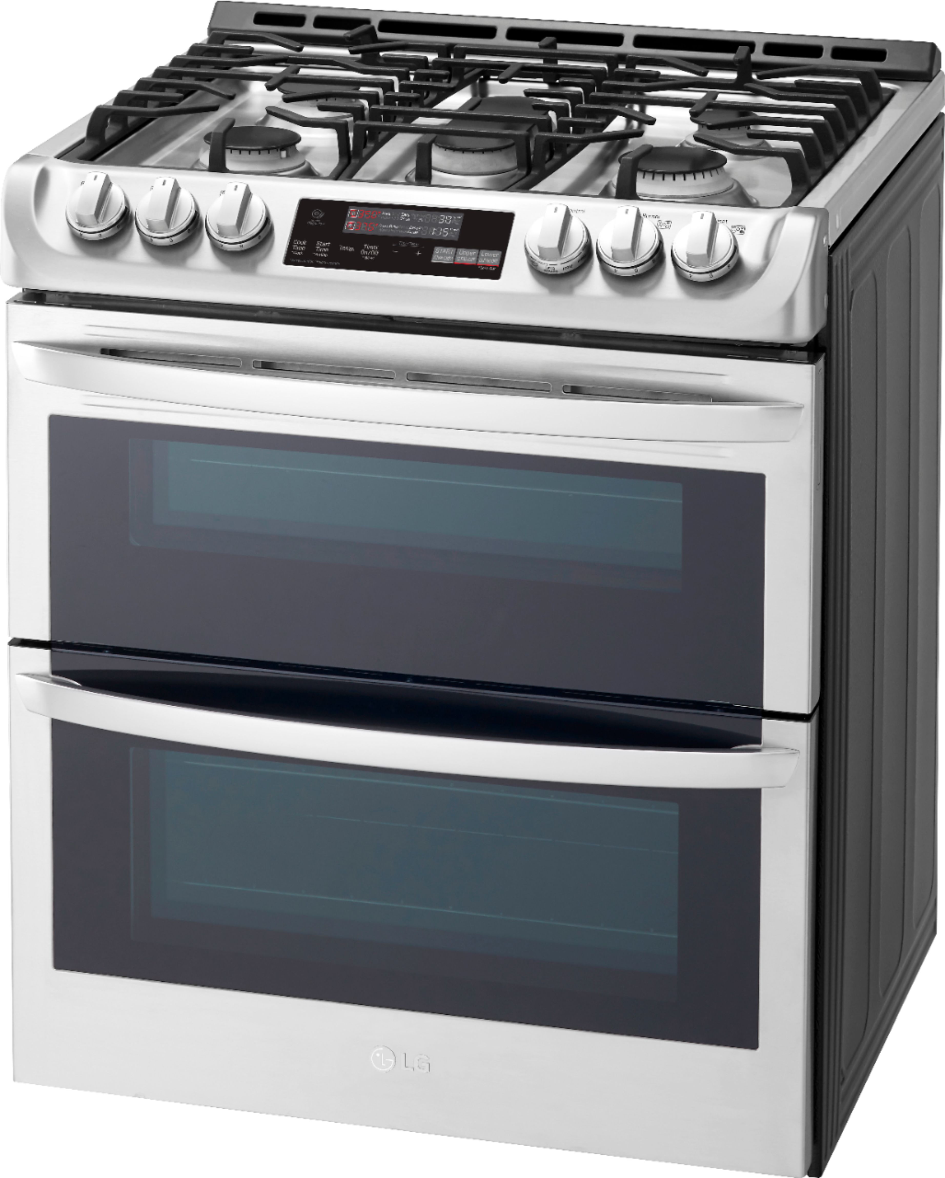 Left View: LG - 6.9 Cu. Ft. Slide-In Double Oven Gas True Convection Range with EasyClean and ThinQ Technology - Stainless Steel