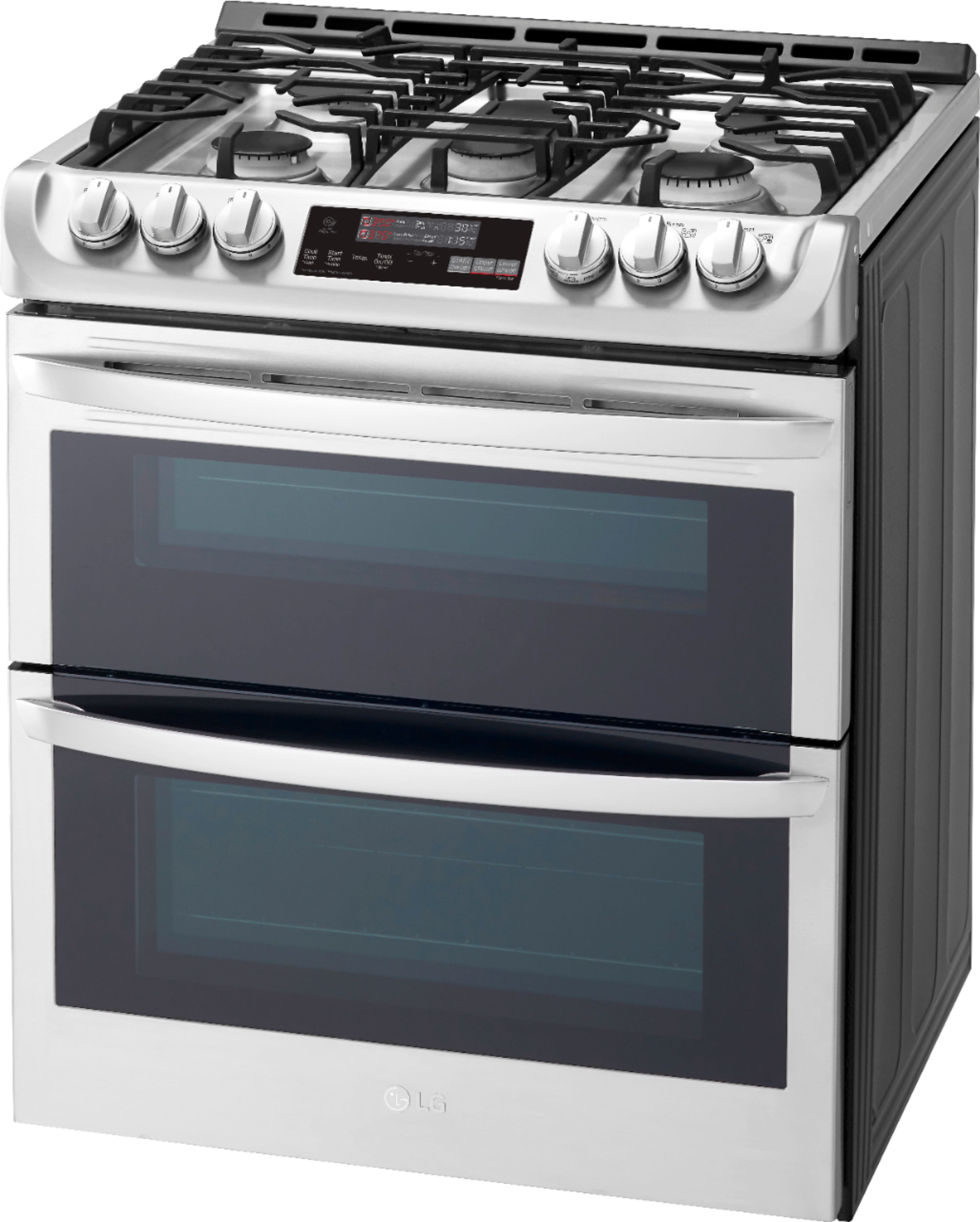 Left. LG - 6.9 Cu. Ft. Slide-In Double Oven Gas True Convection Range with EasyClean and ThinQ Technology - Stainless Steel.