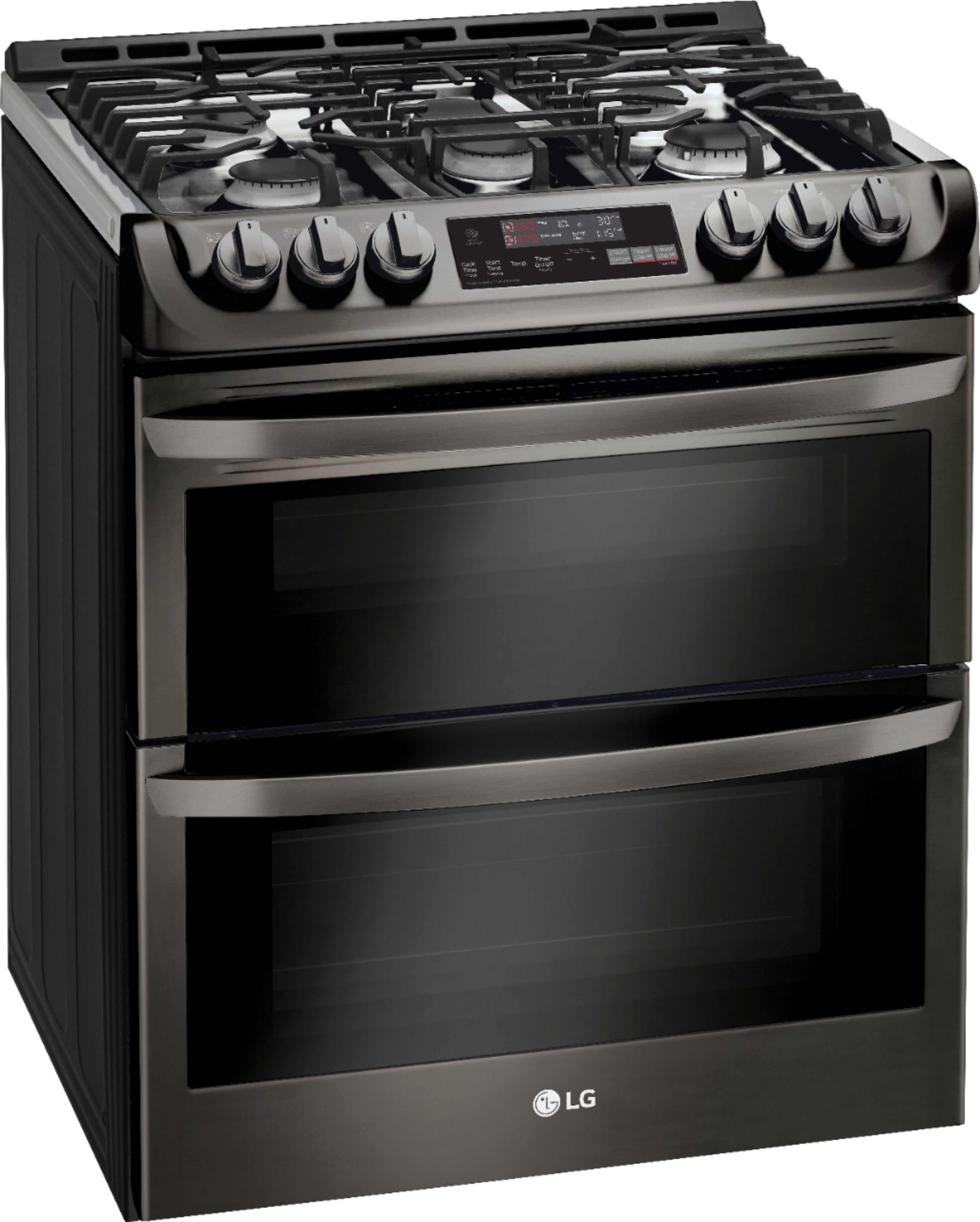 Angle View: LG - 6.9 Cu. Ft. Slide-In Double Oven Gas True Convection Range with EasyClean and ThinQ Technology - Black Stainless Steel