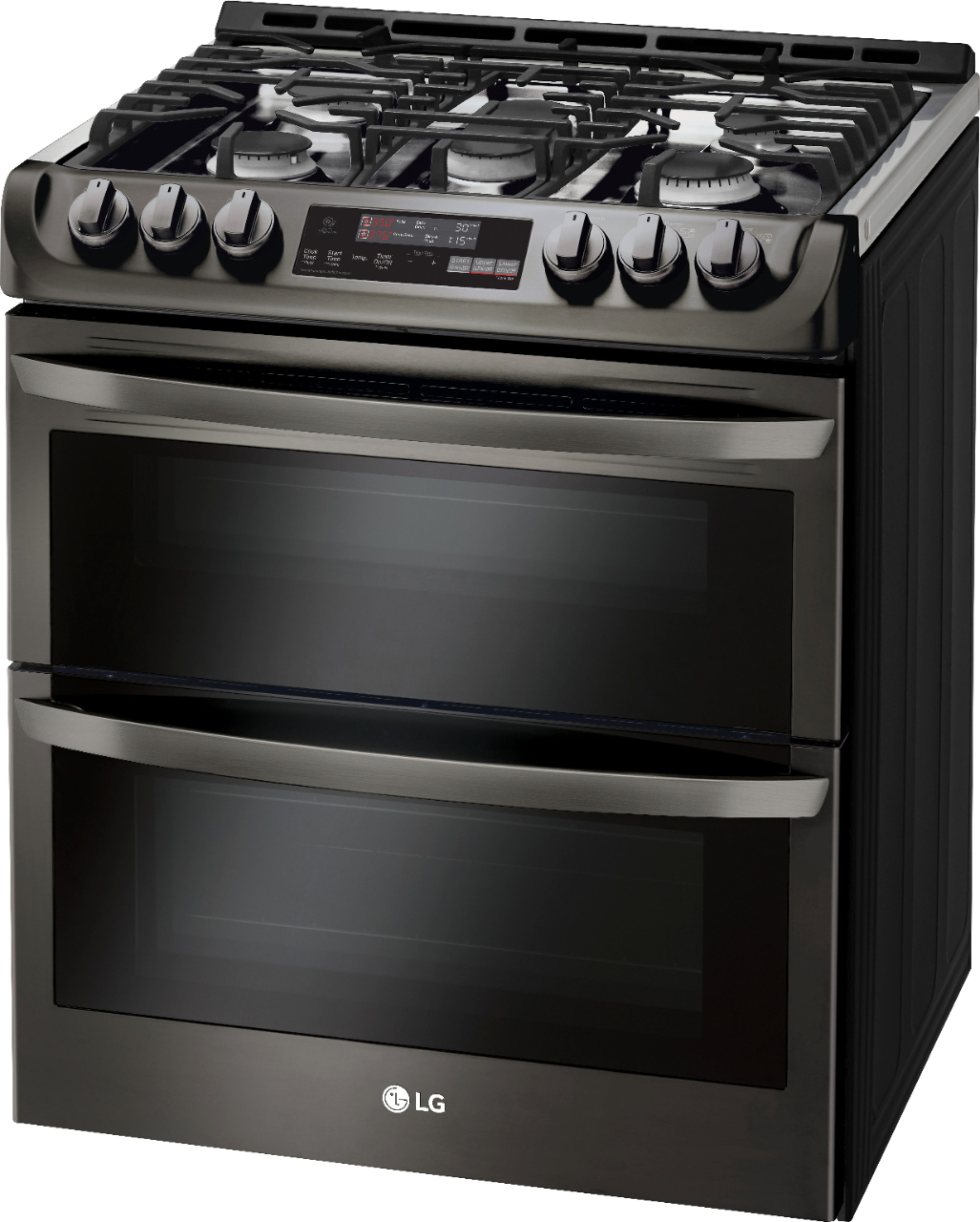 Left View: LG - 6.9 Cu. Ft. Slide-In Double Oven Gas True Convection Range with EasyClean and ThinQ Technology - Black Stainless Steel