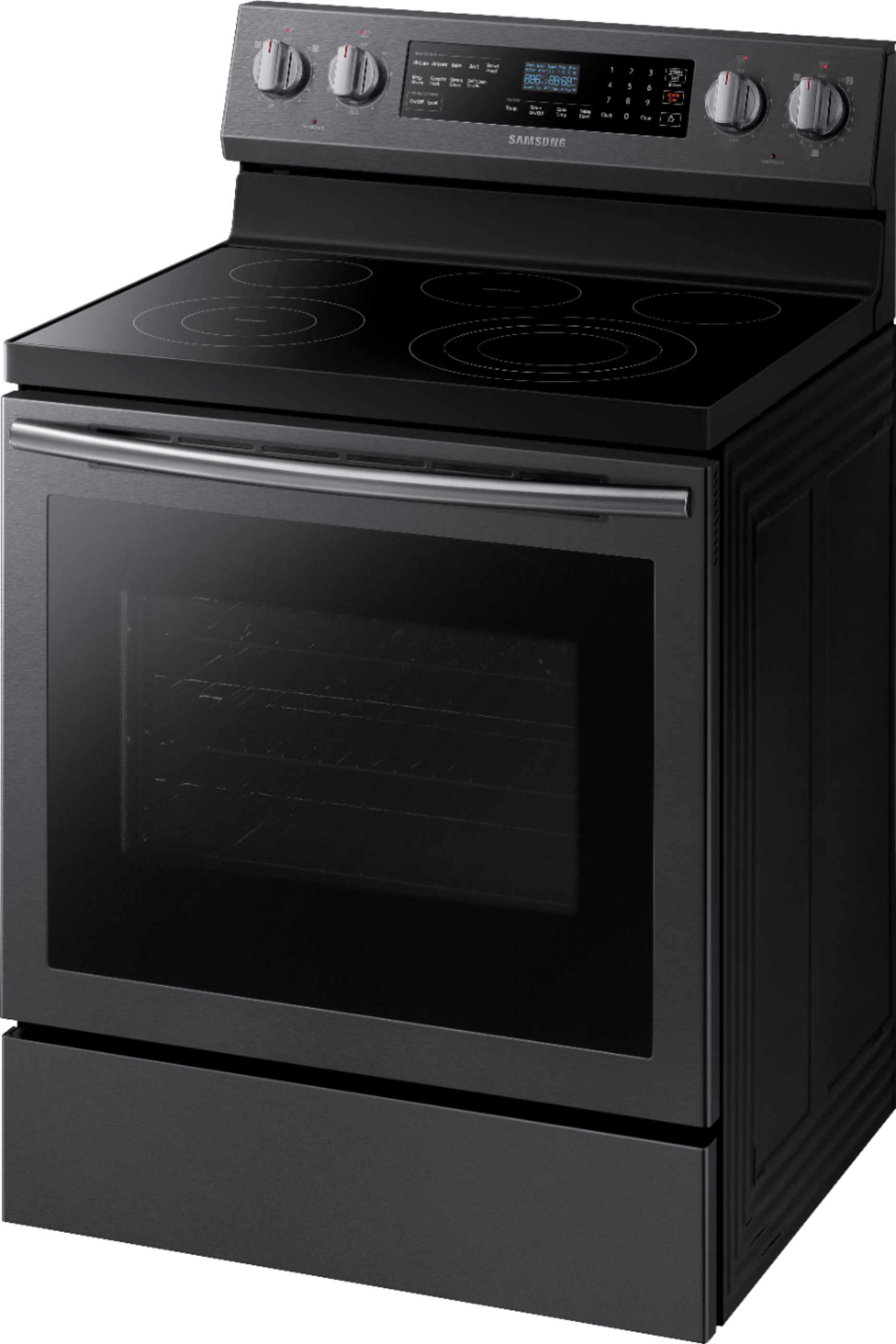 Left View: Samsung - 5.9 Cu. Ft. Self-Cleaning Freestanding Fingerprint Resistant Electric Convection Range - Black Stainless Steel