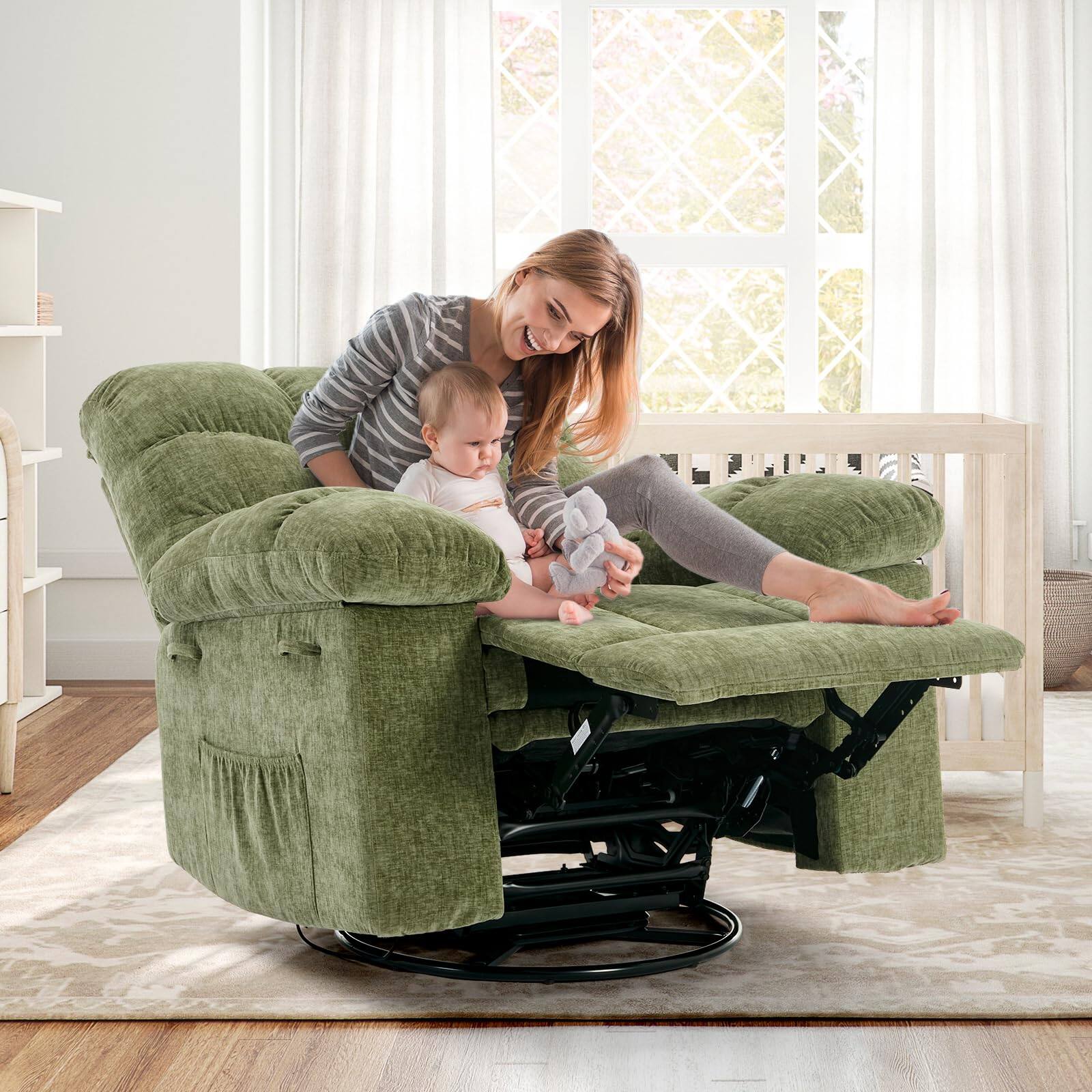 Alt View 7. Jojoka - 35.4" Wide Manual Recliner Chair, Chenille Upholstery Swivel Nursery Rocking Chair - Green.
