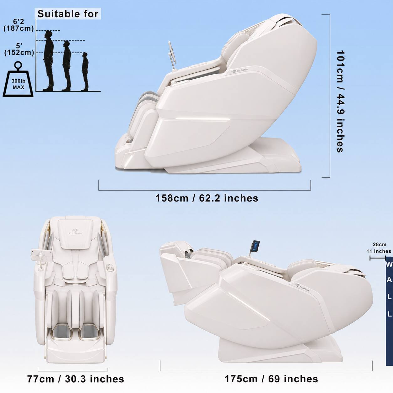 Suitable for 6'2" (187cm) 5' (152cm) 300lb MAX

101cm / 44.9 inches

158cm / 62.2 inches

77cm / 30.3 inches

175cm / 69 inches

28cm / 11 inches