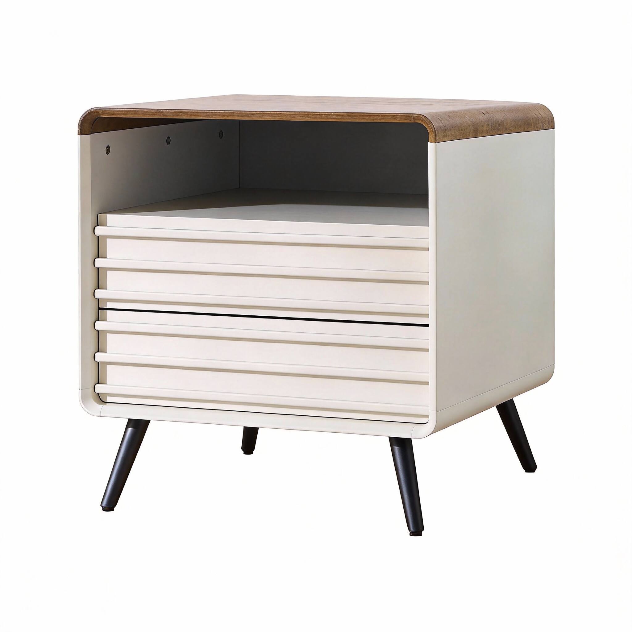 Front. CovertSafe - 24" Fluted Nightstand Charging Station 2-Drawer Curved Mid-Century Bedside - Antuique White 1 PC.
