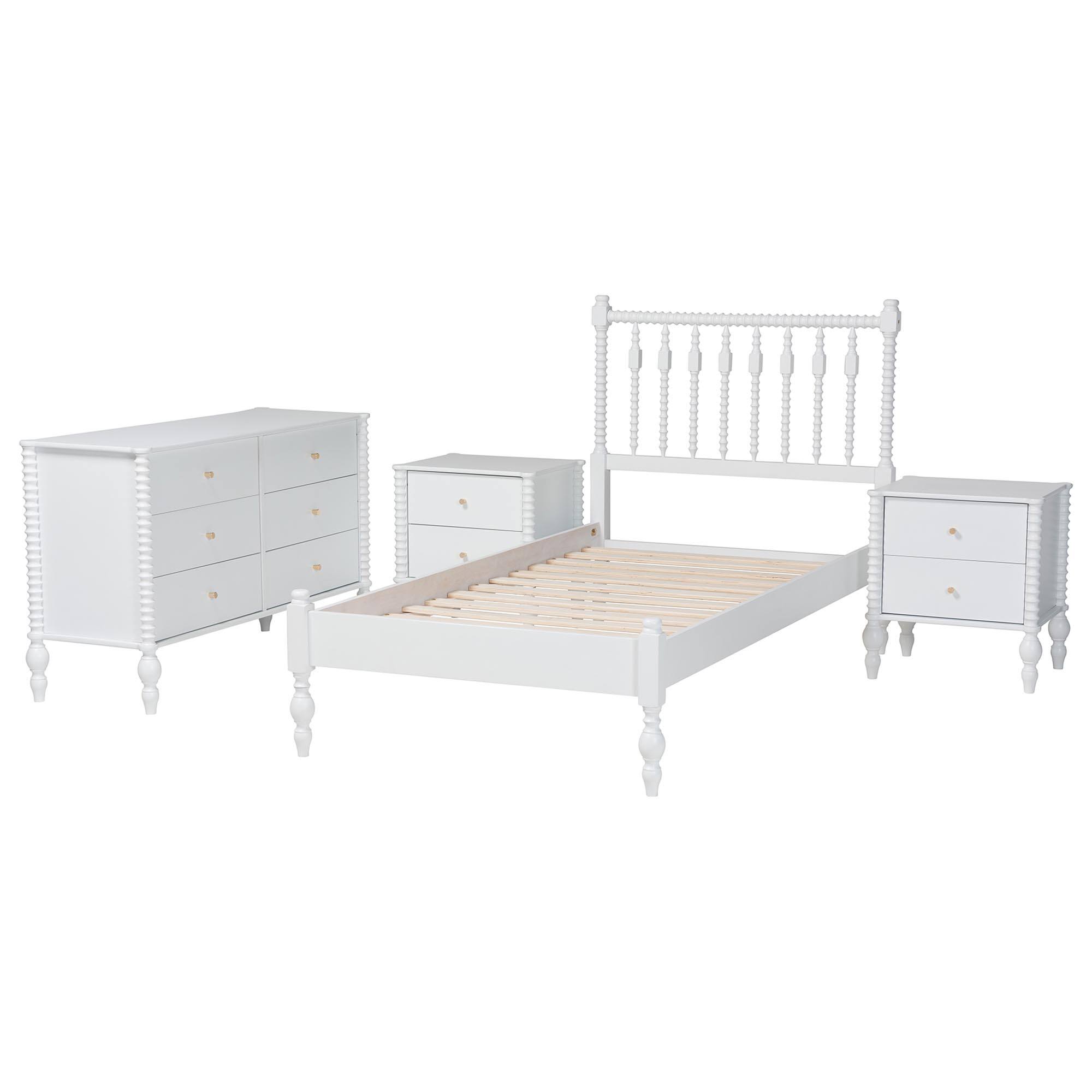 Angle. Baxton Studio - Callison Spindle 4-Piece Bedroom Set - Platform Bed with Matching Dresser and 2-Drawer Nightstands, Twin - White.