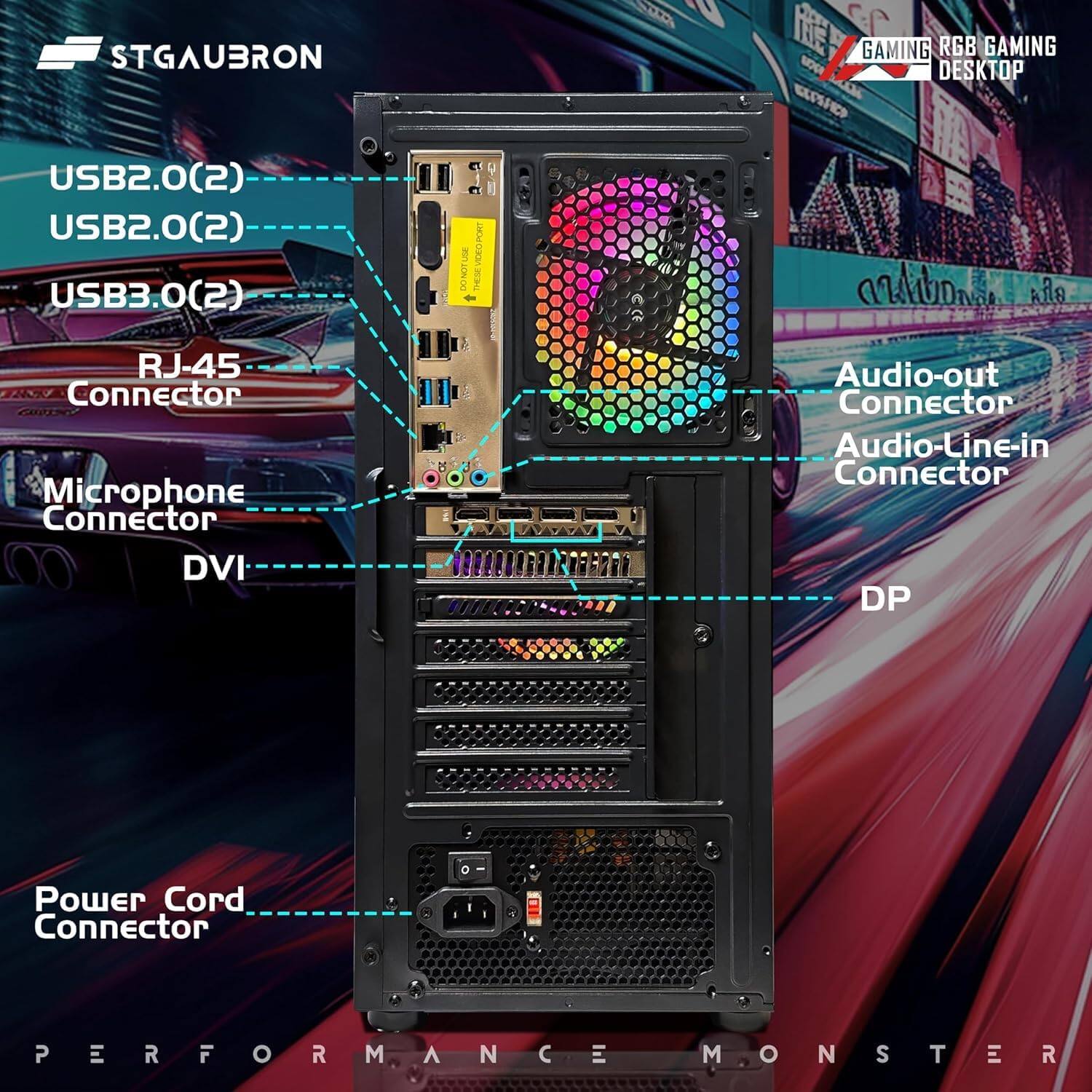 STGAUBRON V  
GAMING RGB GAMING DESKTOP  
USB2.0(2) USB2.0(2) USB3.0(2) PORT  
RJ-45 Connector  
Microphone Connector  
DVI  
Audio-out Connector  
Audio-Line-in Connector  
DP  
Power Cord Connector  
PERFORMANCE MONSTER