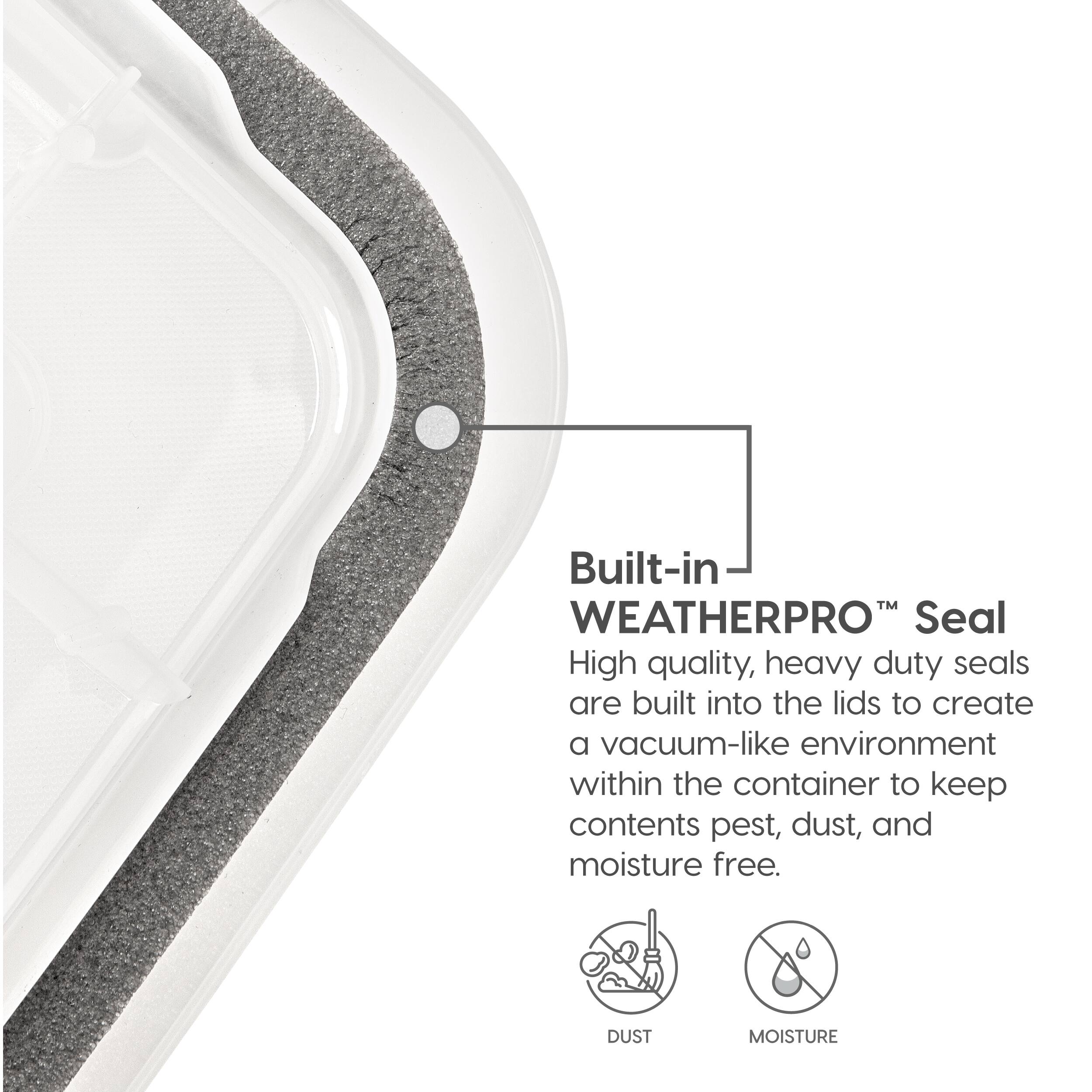 Built-in WEATHERPRO™ Seal

High quality, heavy duty seals are built into the lids to create a vacuum-like environment within the container to keep contents pest, dust, and moisture free.

DUST MOISTURE