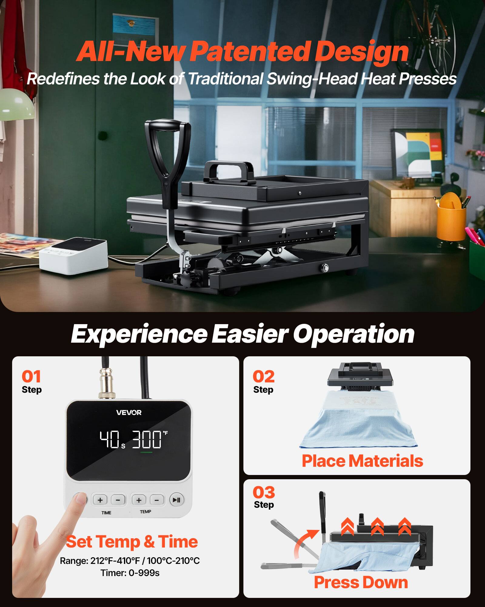 All-New Patented Design Redefines the Look of Traditional Swing-Head Heat Presses

Experience Easier Operation

01 Step
Set Temp & Time
Range: 212F-410F / 100C-210C
Timer: 0-999s

02 Step
Place Materials

03 Step
Press Down