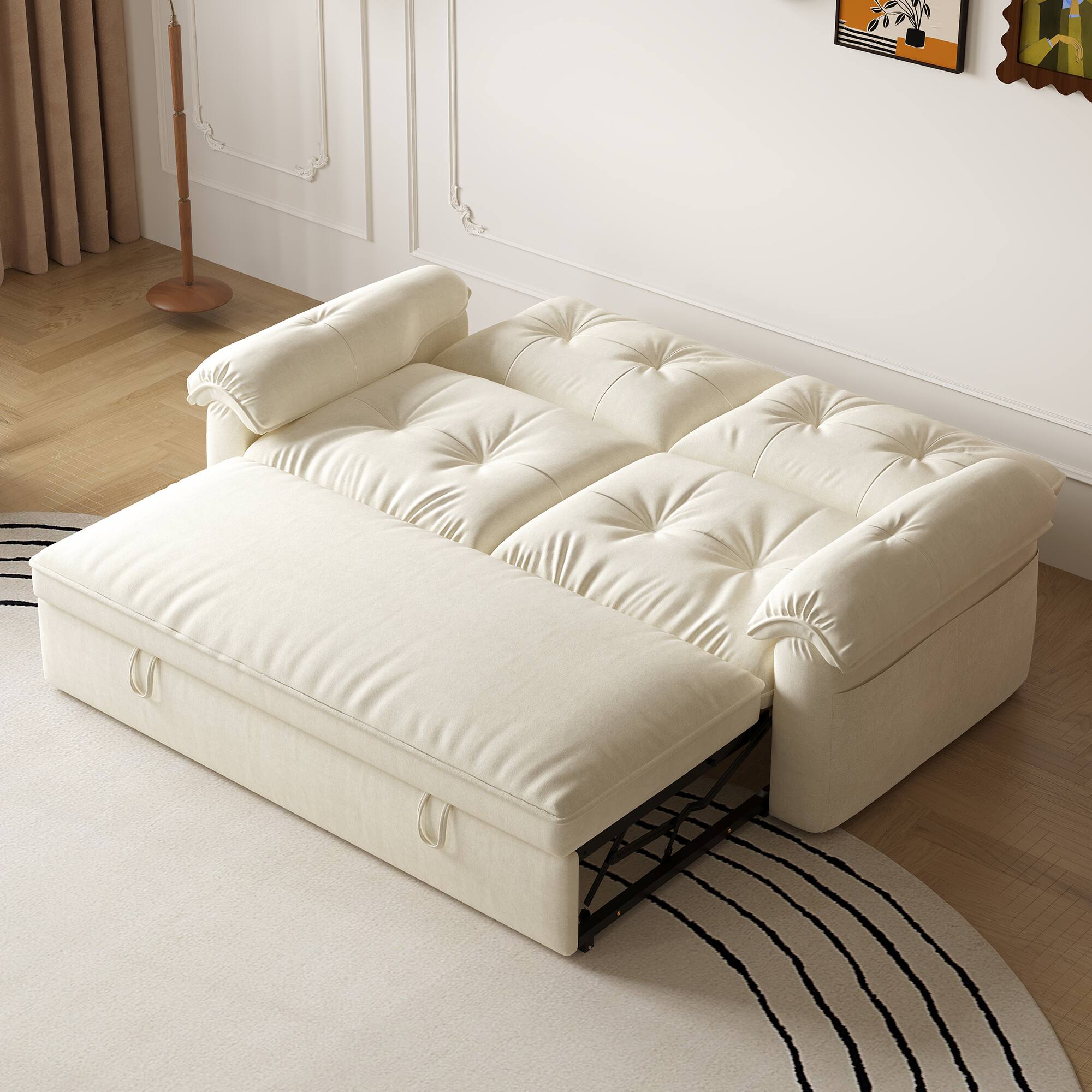 Back. luck idea - 68.89" Modern Sleeper Sofa Bed, Iron & Wood Framed Couch with High-Density Foam Cushions (Mattress Included) - white.