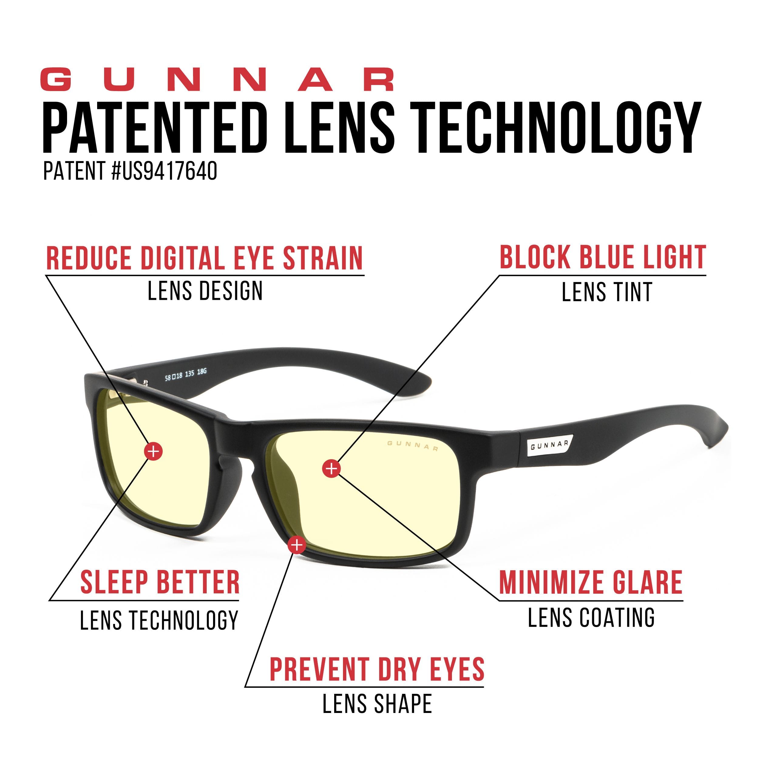 GUNNAR Patented Lens Technology:
* Reduce digital eye strain
* Lens design
* Block blue light
* Lens tint
* Sleep better
* Minimize glare
* Lens coating
* Prevent dry eyes
* Lens shape