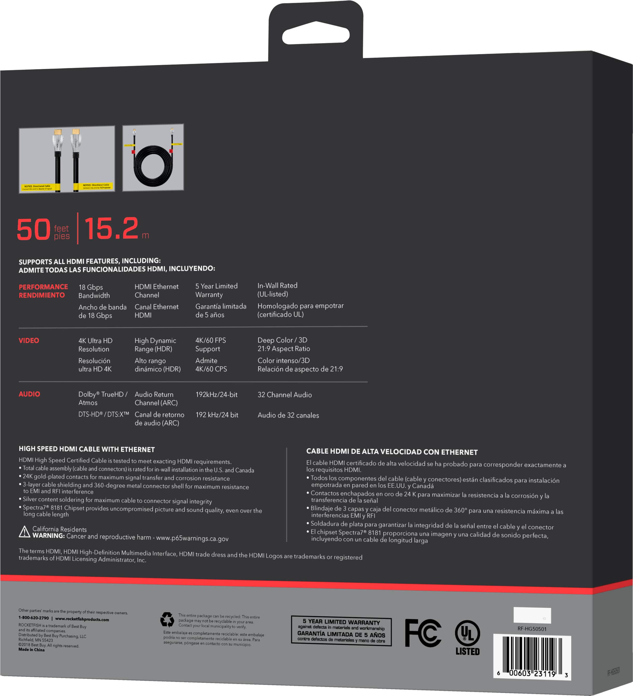 Alt View 15. Rocketfish™ - 50' 4K UltraHD/HDR In-Wall Rated HDMI Cable - Black.