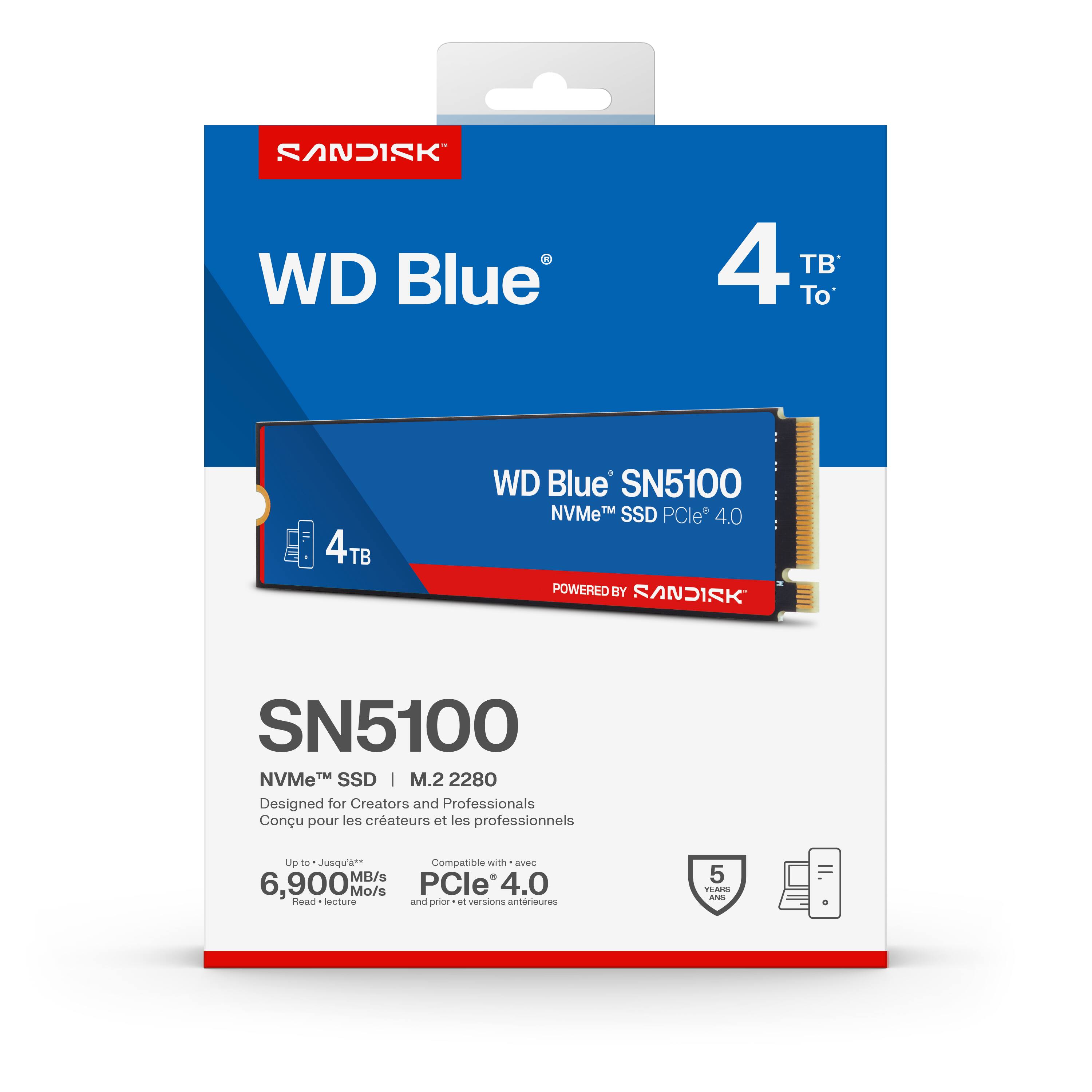 SANDISK WD Blue 4TB WD Blue SN5100 NVMe SSD PCle 4.0 POWERED BY SANDISK SN5100 NVMe SSD M.2 2280

Designed for Creators and Professionals Conçu pour les créateurs et les professionnels

Up to 6,900 MB/s Read lecture

Compatible with PCle 4.0 and prior versions antérieures

5 YEAR WARRANTY