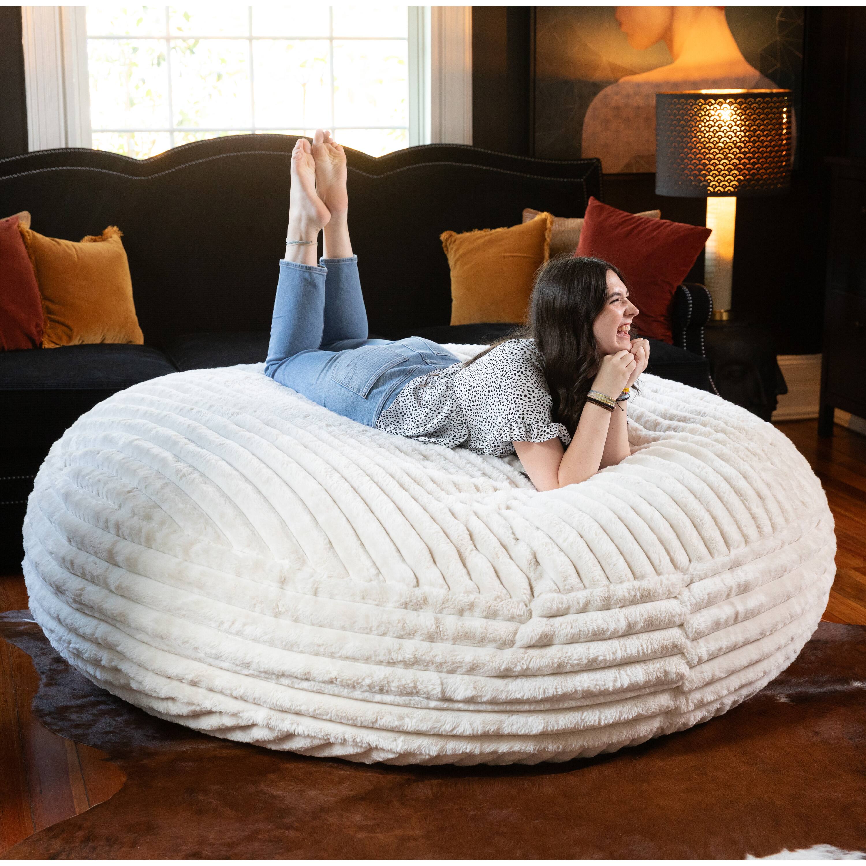 Back. Jaxx - Jaxx 6 Foot Cocoon 2-in-1 Large Bean Bag Chair for Adults,Mondo Ivory - Mondo Ivory Faux Fur.