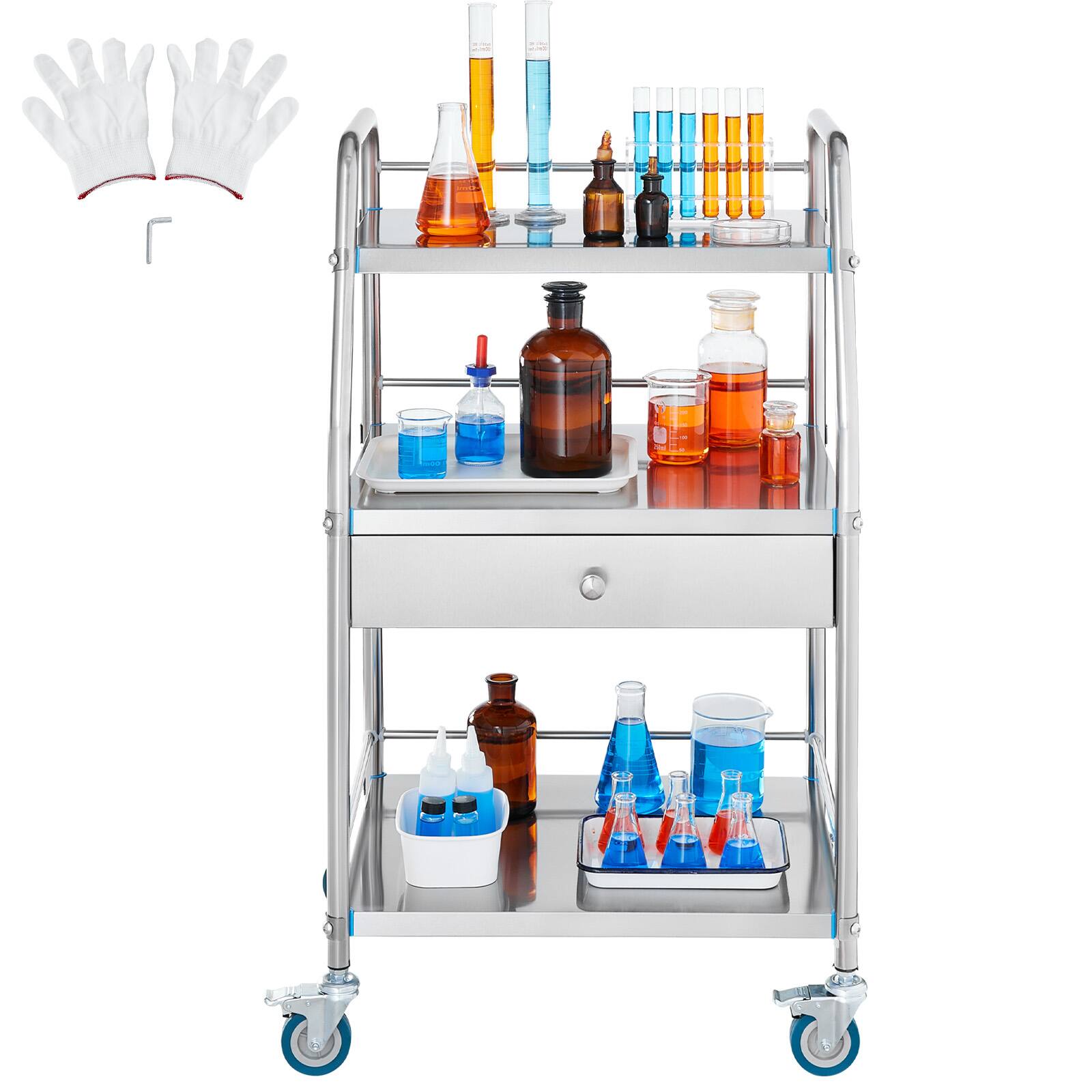 Alt View 5. VEVOR - Service Cart, 3 Layers Stainless Steel Utility Rolling Cart, Medical Cart with Drawer, Dental Cart with Lockable Wheels - Silver.