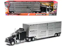 Kenworth W900 Truck Black with Pot Belly Livestock Chrome "Long Haul Truckers" Series 1/32 Diecast Model by New Ray - Black, Chrome