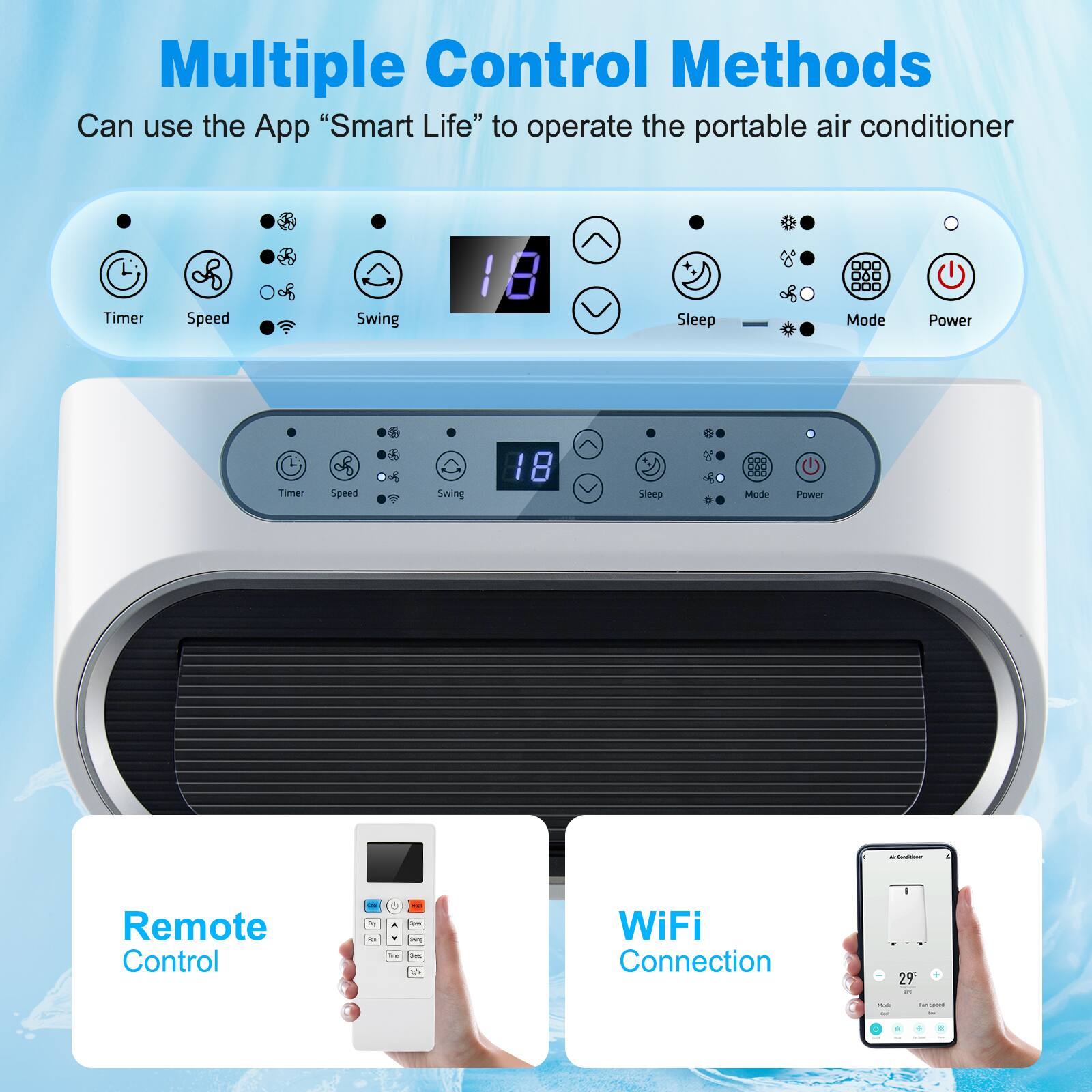 Multiple Control Methods  
Can use the App "Smart Life" to operate the portable air conditioner  

- Timer  
- Speed  
- Swing  
- Sleep Mode  
- Power  
- WiFi Connection  

Remote Control  
WiFi Connection