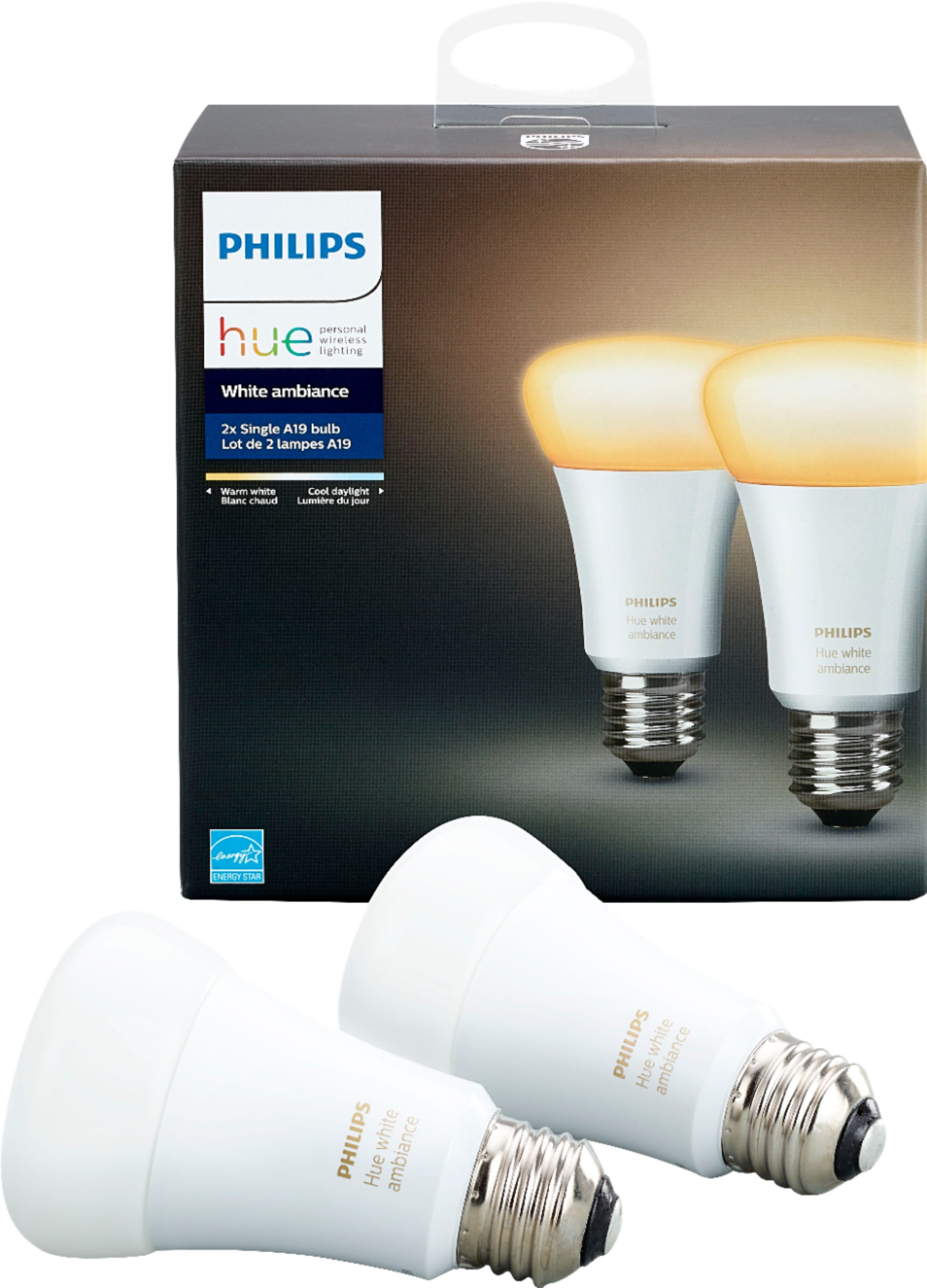 Verzorger deugd amusement Philips Hue White Ambiance A19 Wi-Fi Smart LED Bulb (2-Pack) California  Residents White 530300 - Best Buy