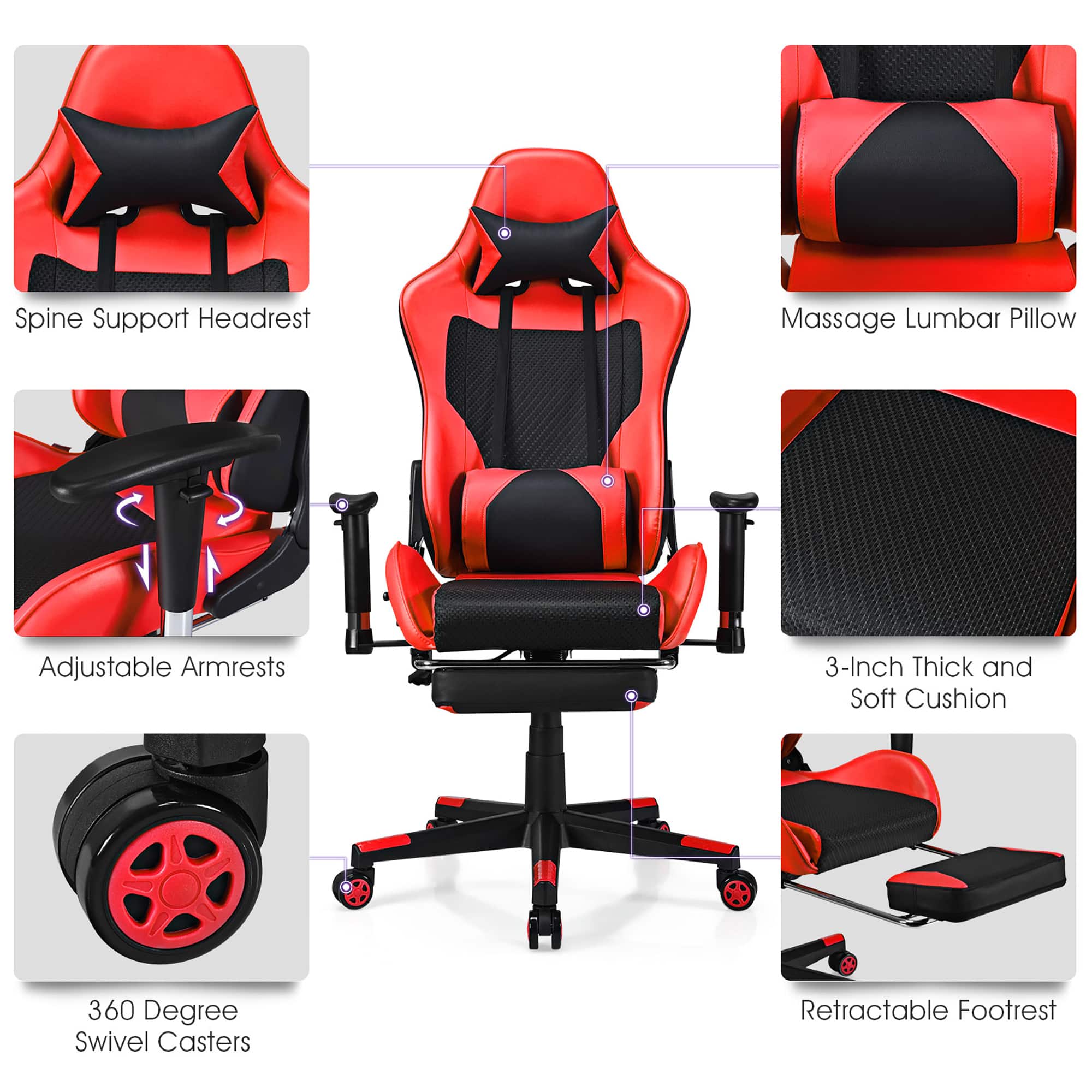 The text on the image is grouped as follows:
1. Spine Support Headrest
2. Massage Lumbar Pillow
3. Adjustable Armrests
4. 3-Inch Thick and Soft Cushion
5. 360 Degree Swivel Casters
6. Retractable Footrest