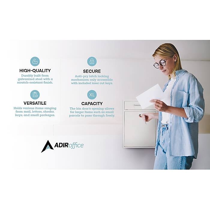 HIGH-QUALITY: Durably built from galvanized steel with a scratch-resistant finish.

SECURE: Anti-pry latch locking mechanism only accessible with included laser cut keys.

VERSATILE: Holds various items ranging from mail, letters, checks, keys, and small packages.

CAPACITY: The bin door's opening allows for larger items such as small parcels to pass through freely.

ADIRoffice