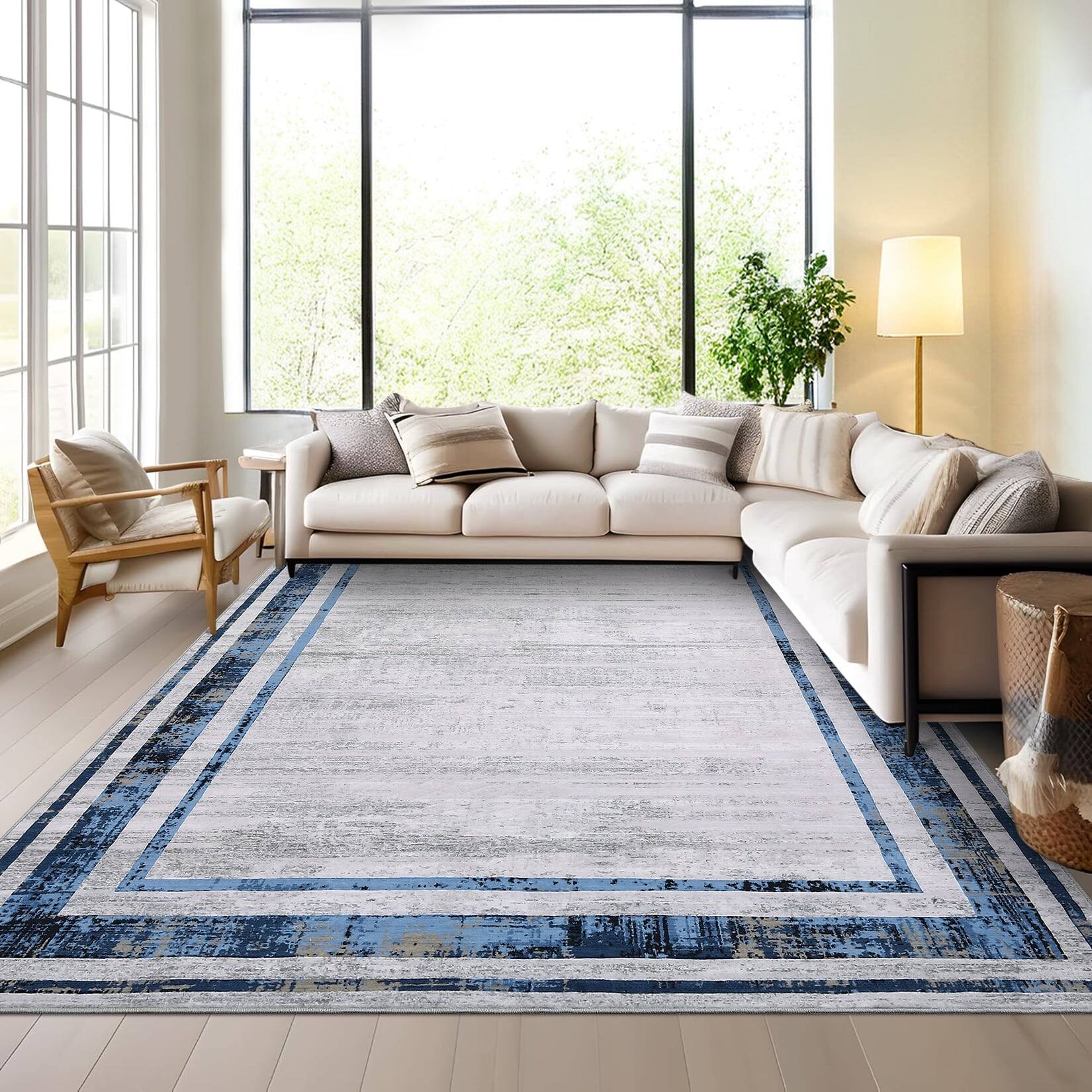 Alt View 1. Homhougo - 9x12 Modern Bordered Area Rug, Machine Washable Non-Slip Carpet for Living Room in Navy - Navy Blue.