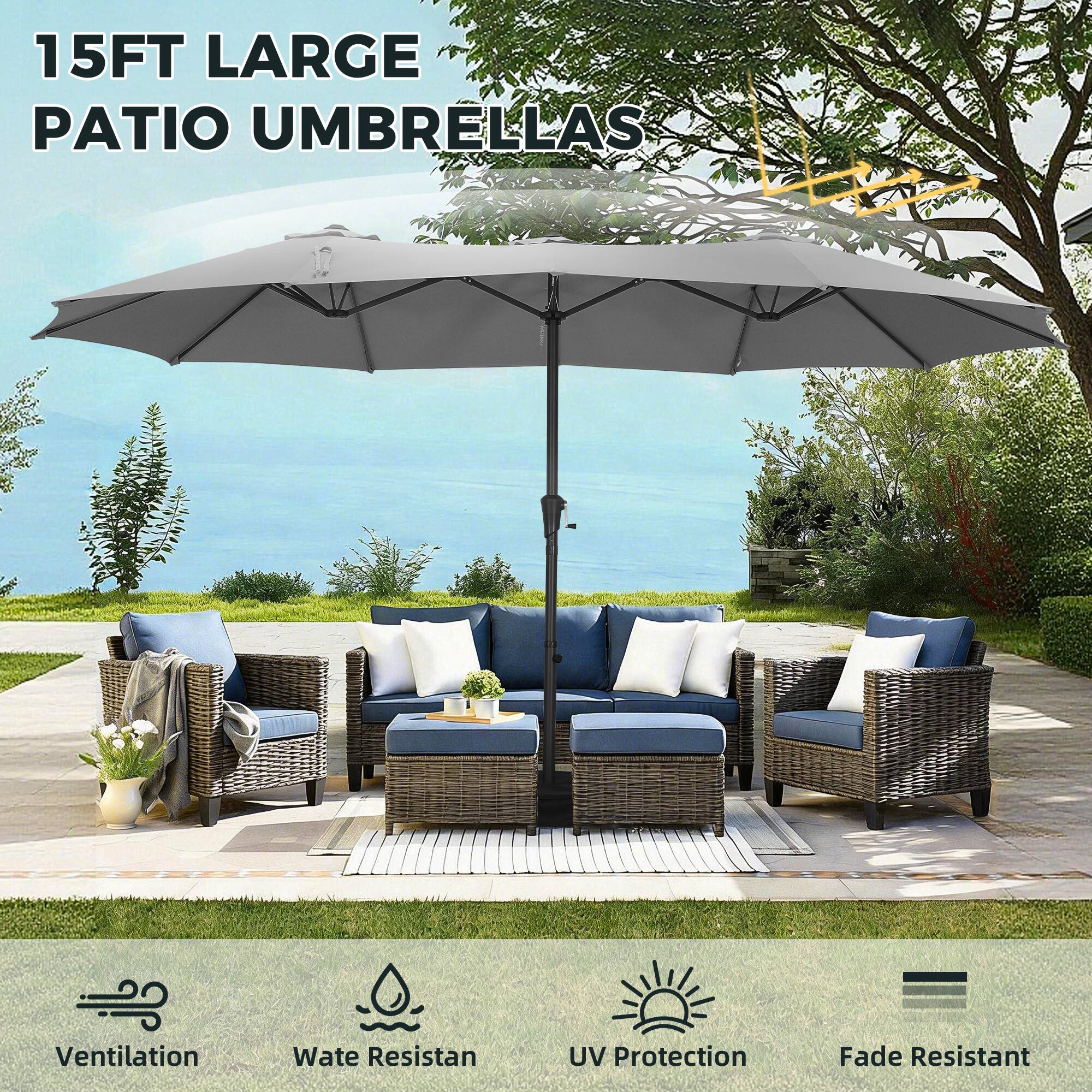 15FT LARGE PATIO UMBRELLAS

- Ventilation
- Water Resistant
- UV Protection
- Fade Resistant