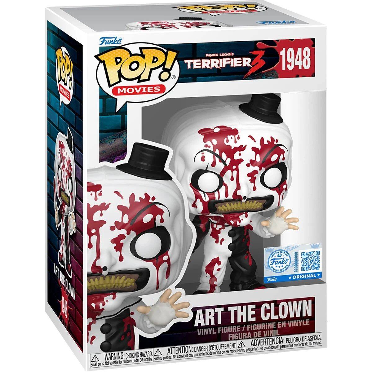 POP! Movies  
Damien Leone's  
TERRIFIER 3  
1948  
Art the Clown  
Vinyl Figure / Figurine en Vinyle  
Figura de Vinil  
Peligro de Asfixia / Danger of Suffocation / Danger: Choking Hazard  
Advertencia: Pequeñas piezas, no adecuado para menores de 36 meses  
Attention: Petites pièces, ne convient pas aux enfants de moins de 36 mois  
Warning: Small parts, not suitable for children under 36 months