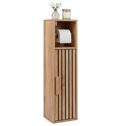 Front. Costway - Costway Slim Bathroom Cabinets, Freestanding Toilet Paper Holder Stand with Door - Natural.