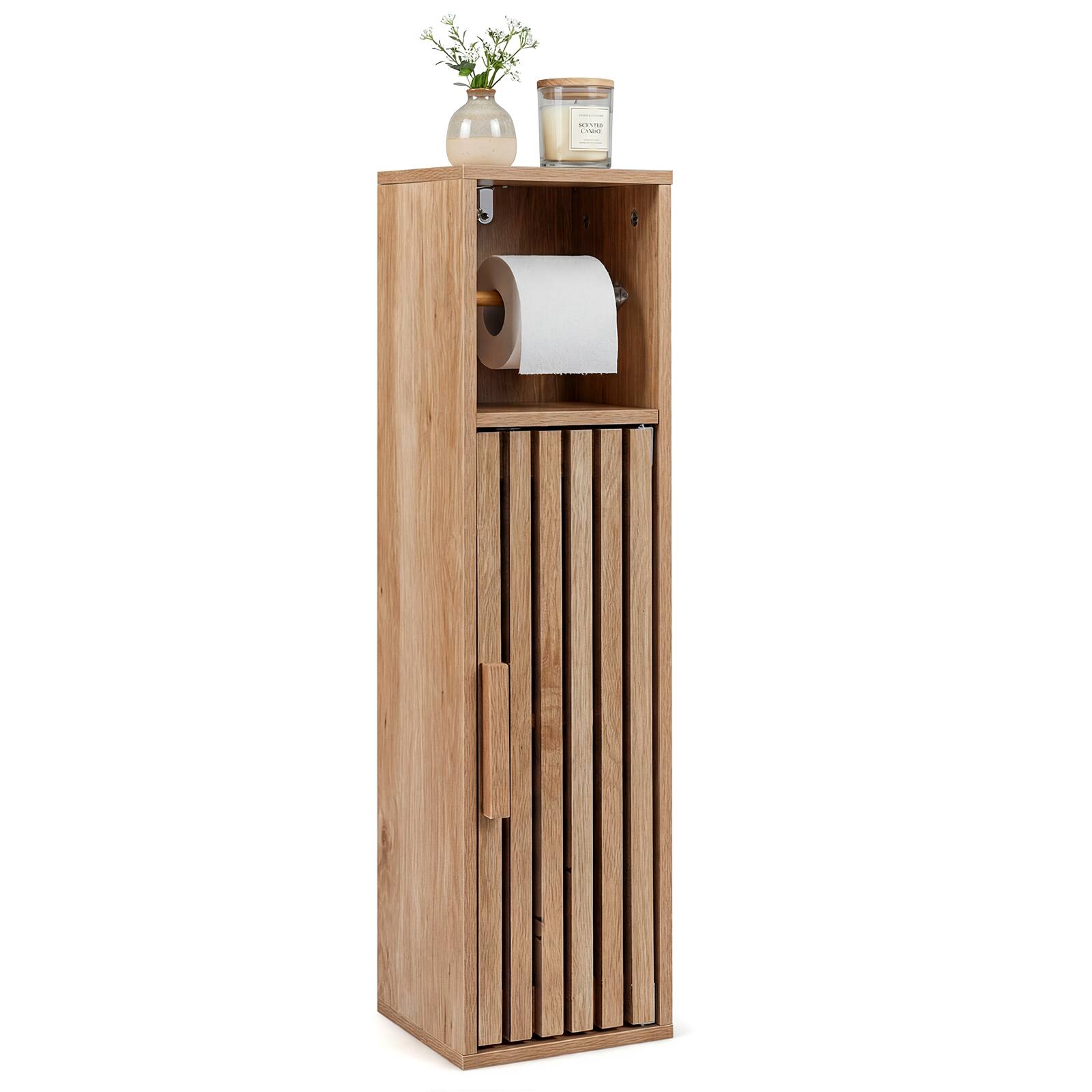 Front. Costway - Costway Slim Bathroom Cabinets, Freestanding Toilet Paper Holder Stand with Door - Natural.