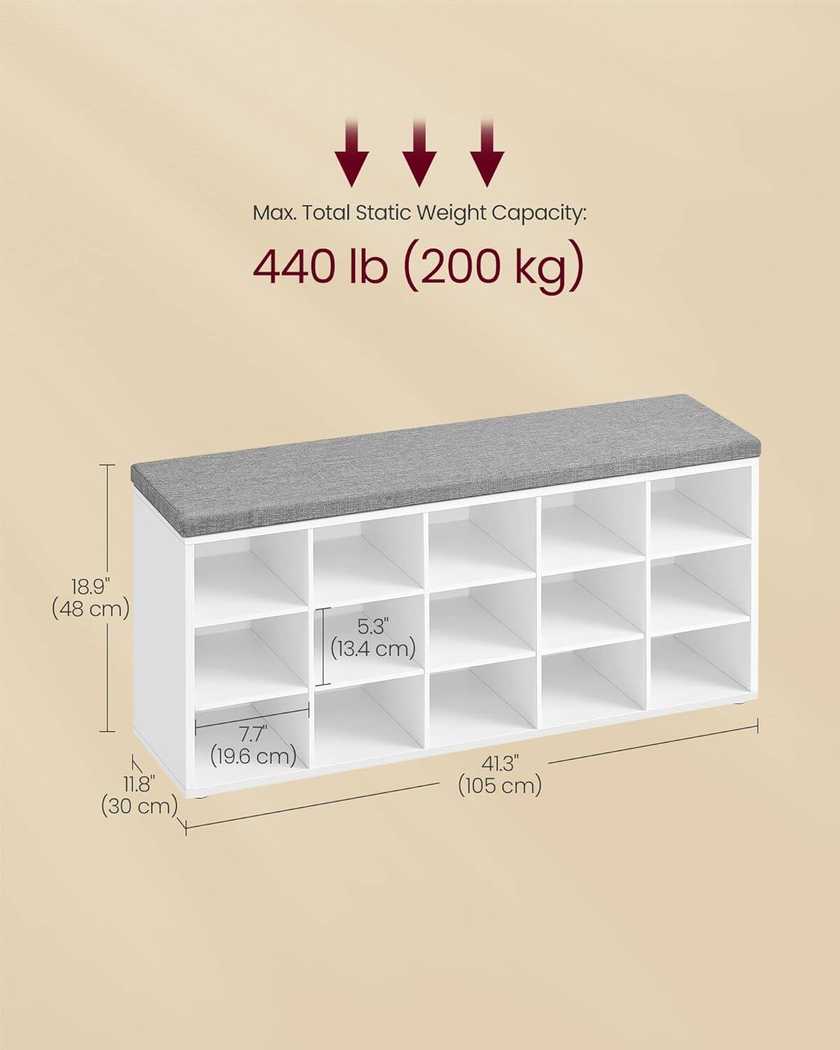 Max. Total Static Weight Capacity: 440 lb (200 kg)  
18.9" (48 cm)  
5.3" (13.4 cm)  
11.8" (30 cm)  
7.7" (19.6 cm)  
41.3" (105 cm)