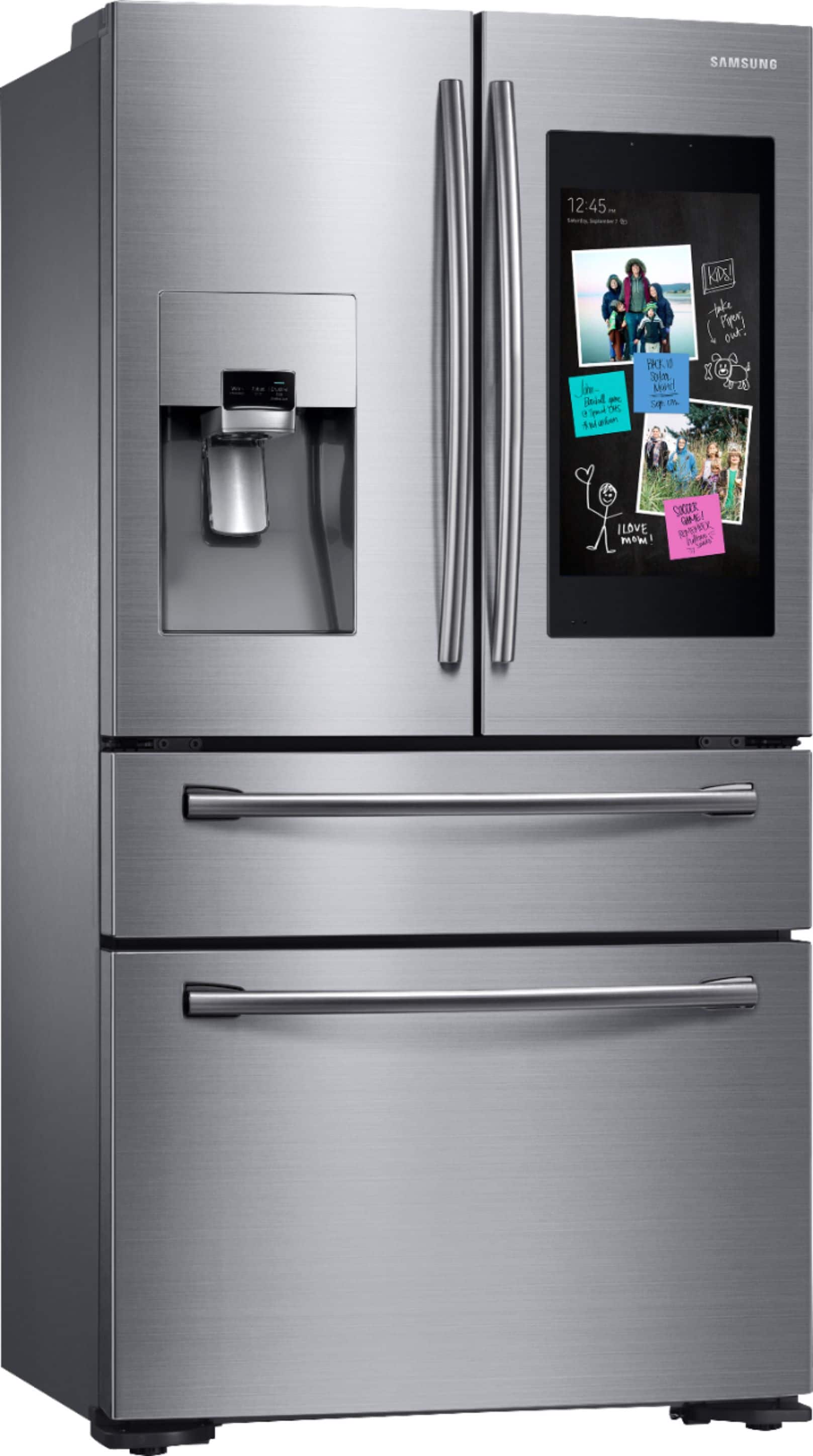 Angle. Samsung - Family Hub 22.2 Cu. Ft. 4-Door French Door Counter-Depth Refrigerator - Stainless steel.